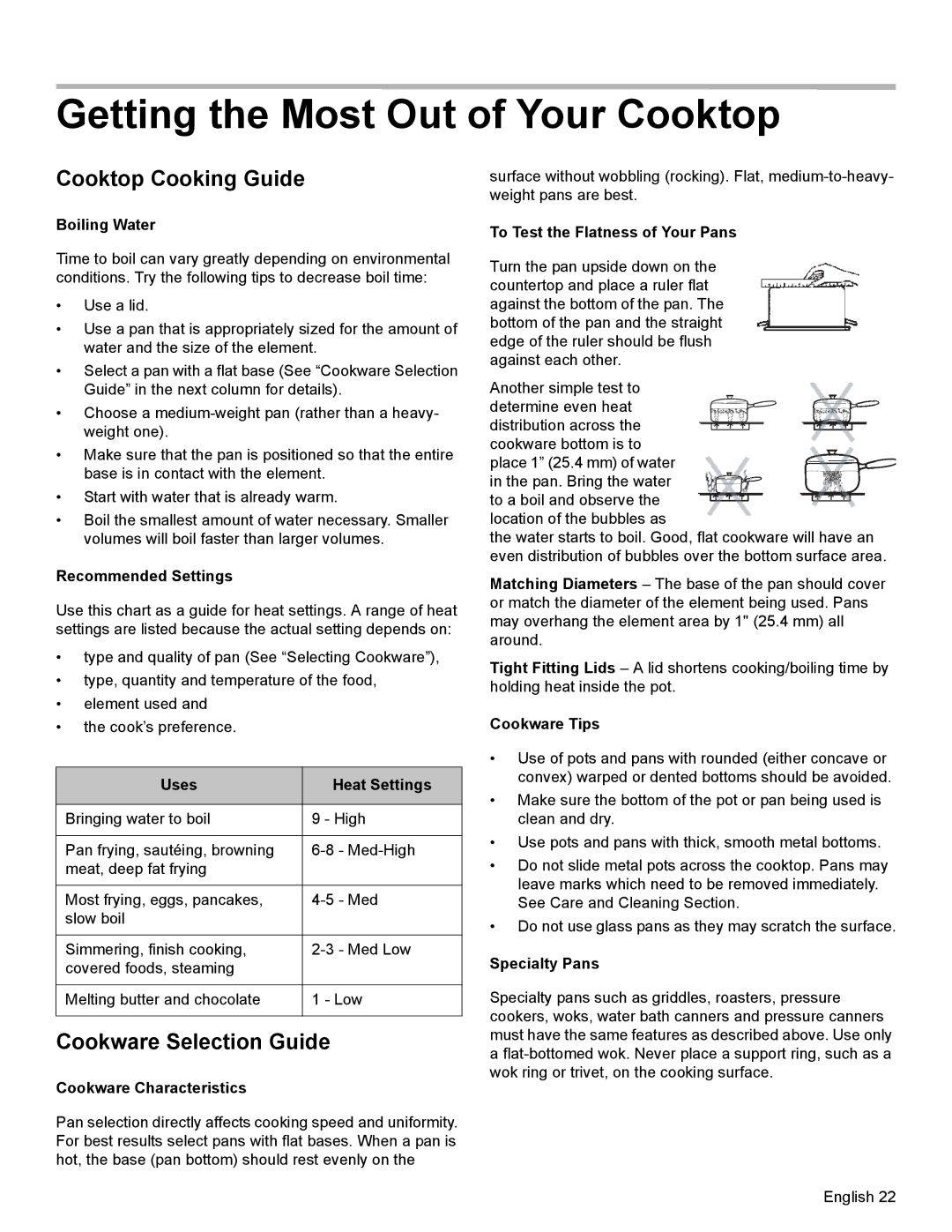 Bosch Appliances HDI8054U manual Cooktop Cooking Guide, Cookware Selection Guide 