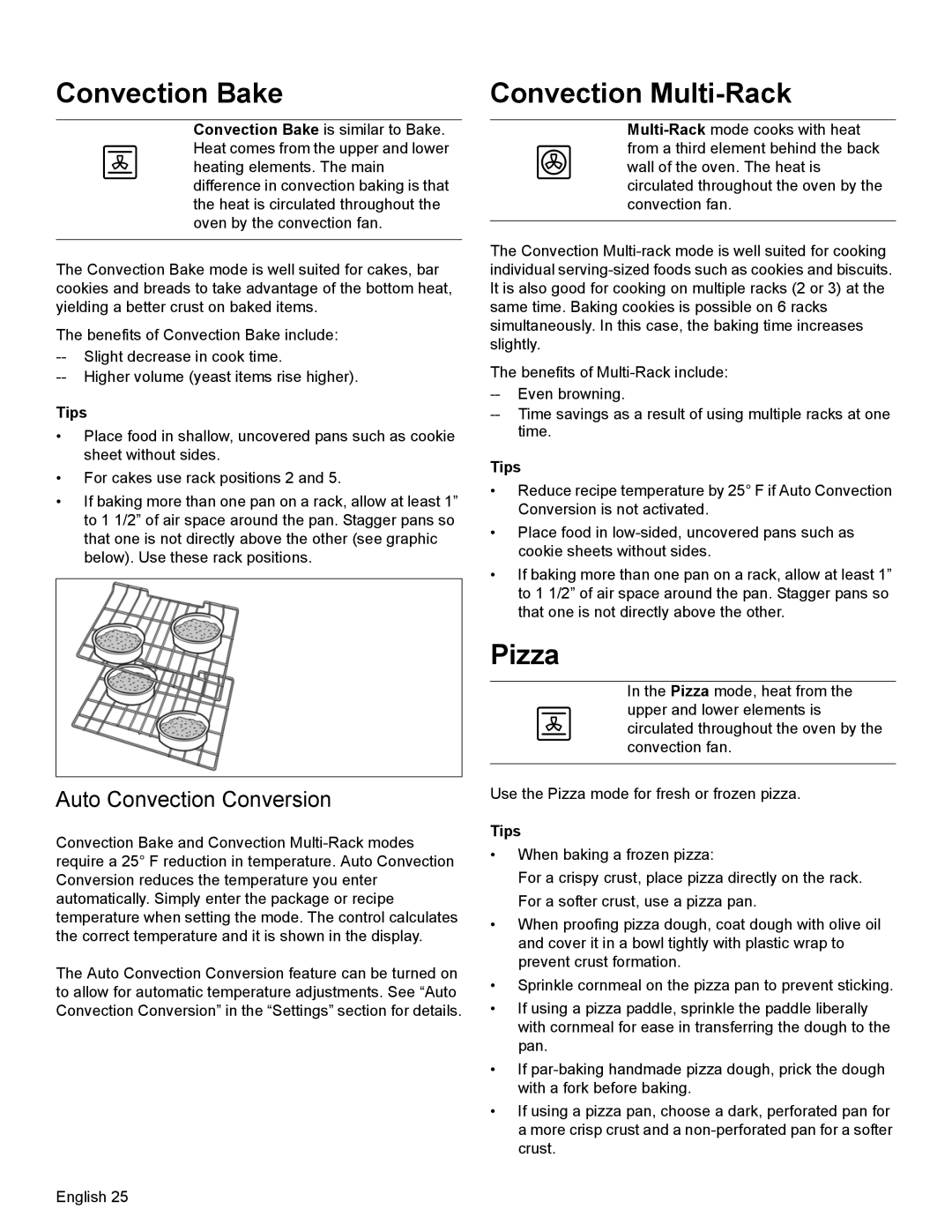 Bosch Appliances HDI8054U manual Convection Bake, Convection Multi-Rack, Pizza, Auto Convection Conversion 