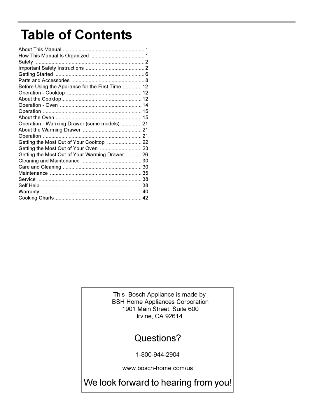 Bosch Appliances HDI8054U manual Table of Contents 