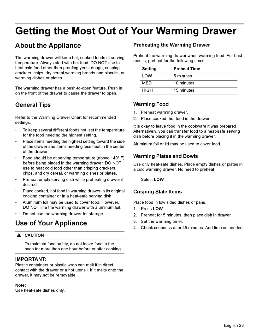 Bosch Appliances HDI8054U manual Getting the Most Out of Your Warming Drawer, General Tips, Setting 