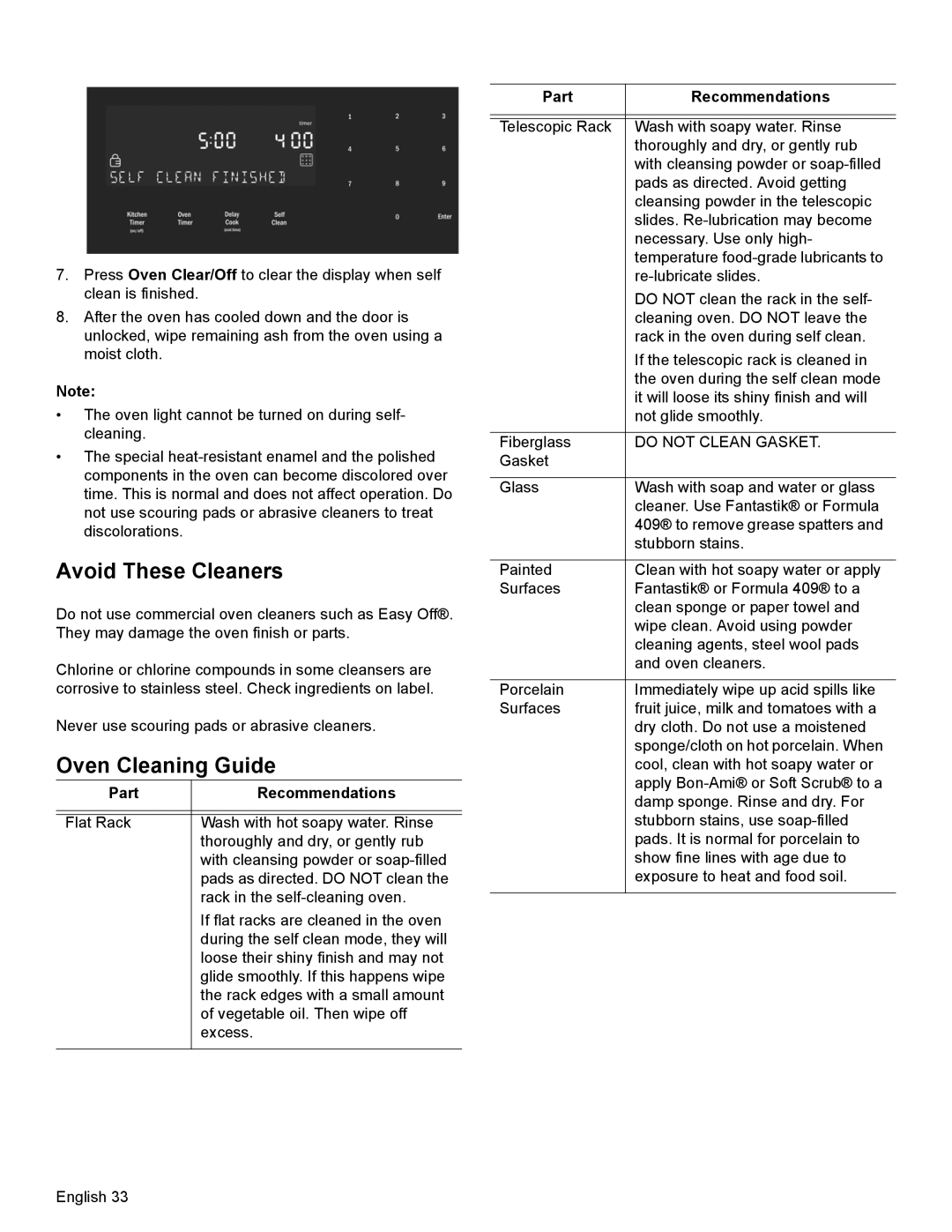 Bosch Appliances HDI8054U manual Avoid These Cleaners, Oven Cleaning Guide, Part Recommendations 