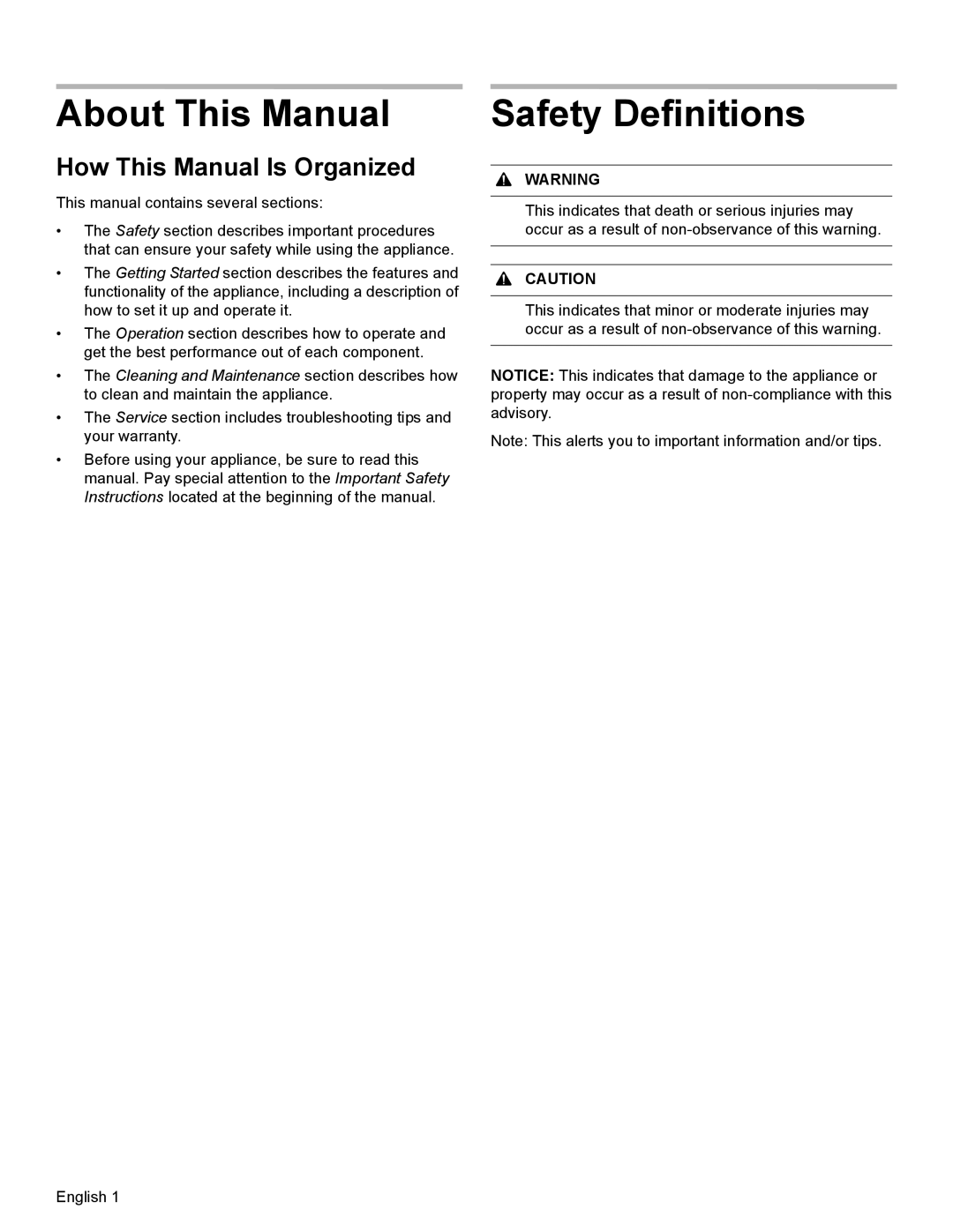 Bosch Appliances HDI8054U manual About This Manual, Safety Definitions 