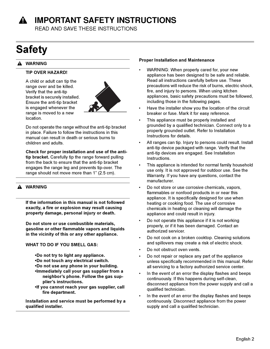 Bosch Appliances HDI8054U manual Safety, TIP Over Hazard 