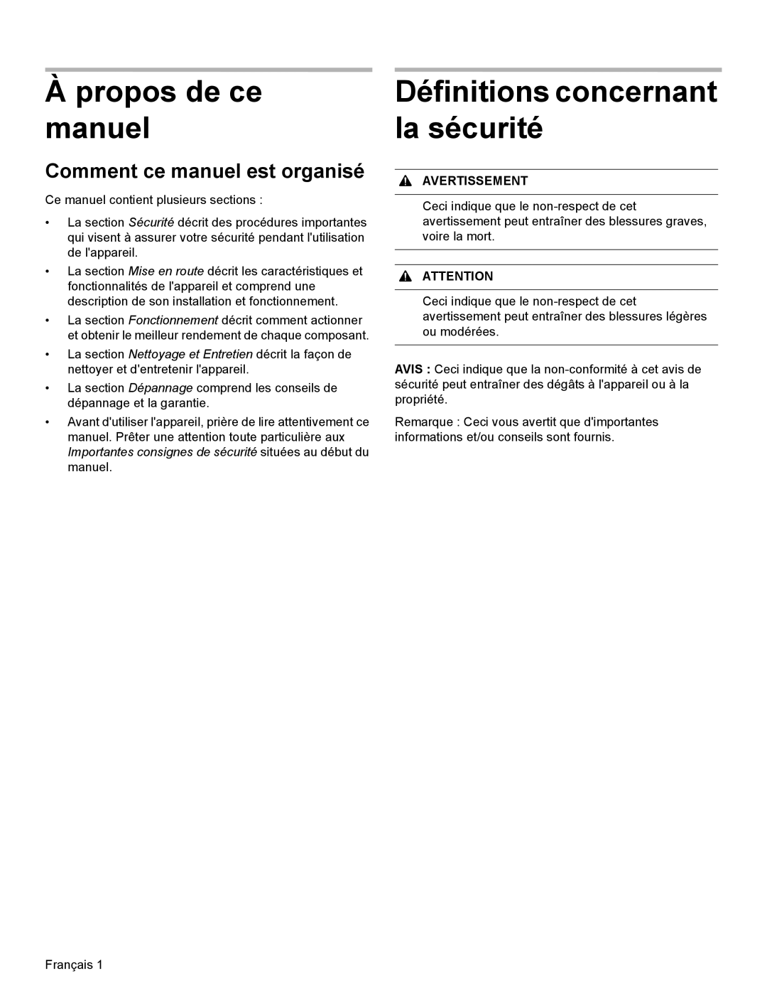 Bosch Appliances HDI8054U manual Propos de ce manuel, Définitions concernant la sécurité 