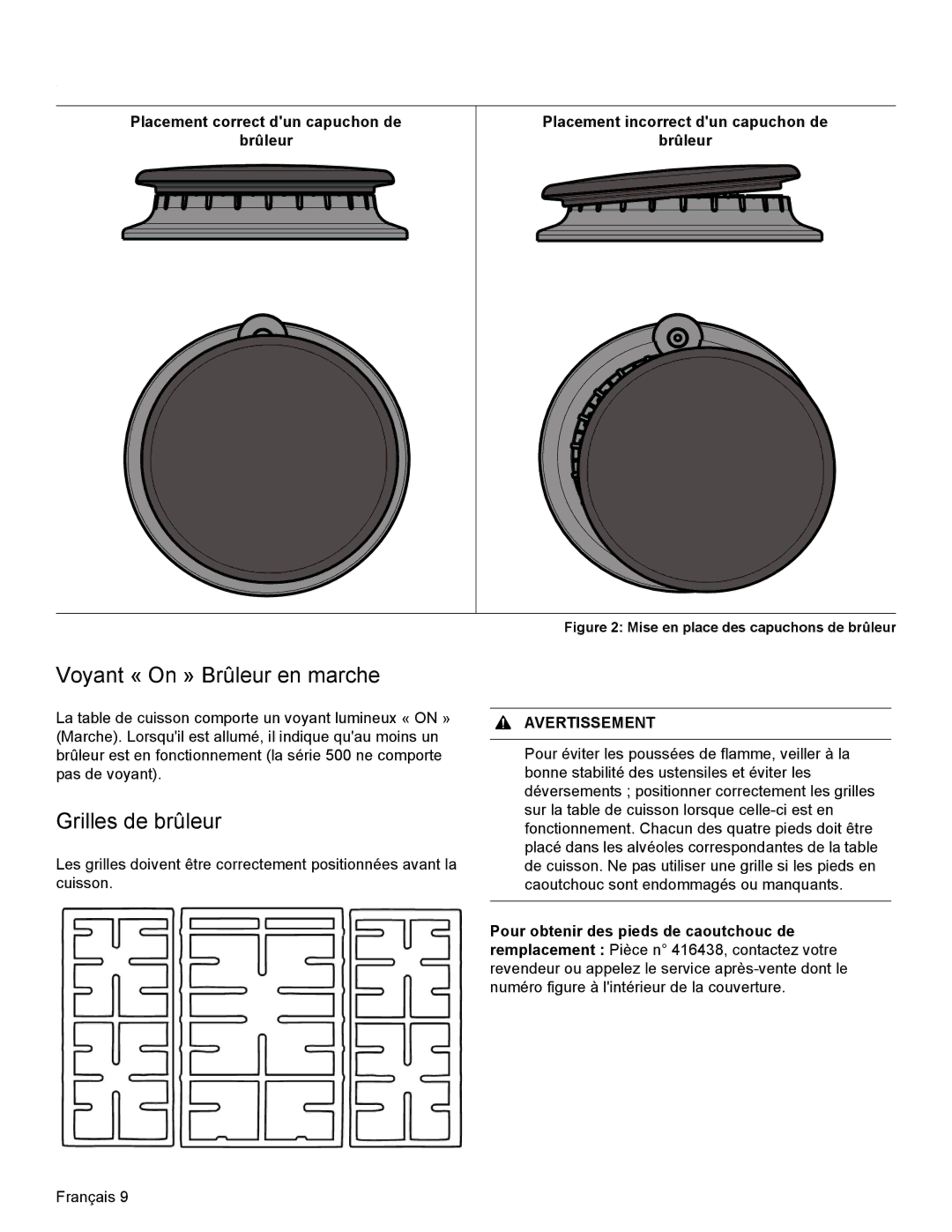 Bosch Appliances HDI8054U manual Voyant « On » Brûleur en marche, Grilles de brûleur, Placement incorrect dun capuchon de 