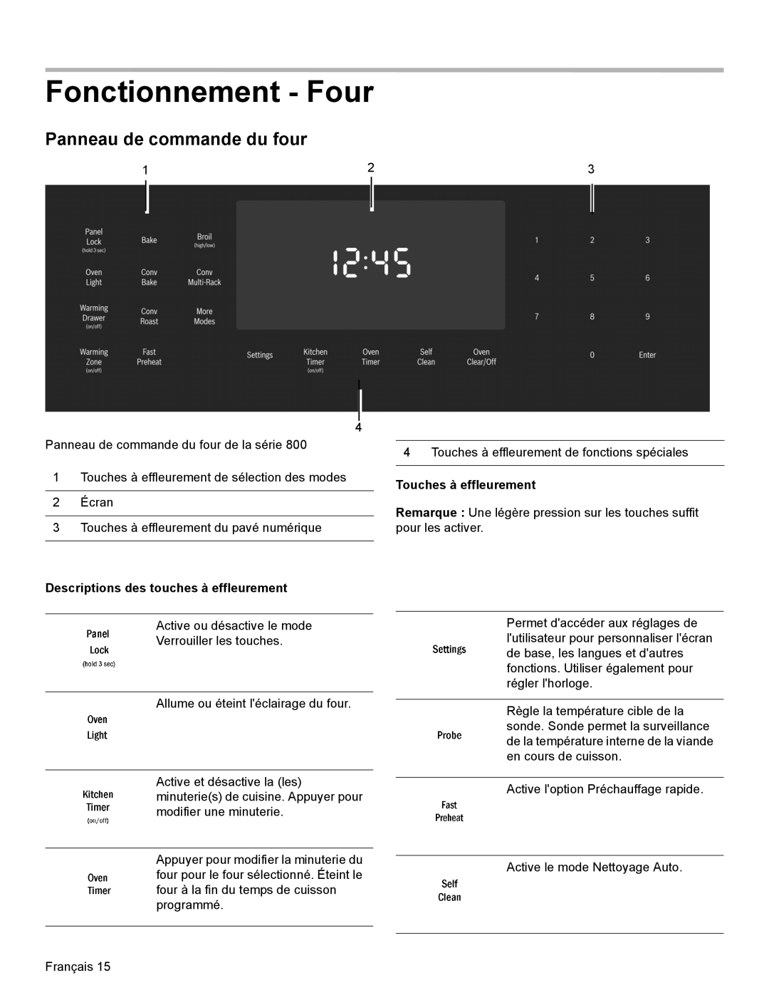 Bosch Appliances HDI8054U manual Fonctionnement Four, Panneau de commande du four, Touches à effleurement 