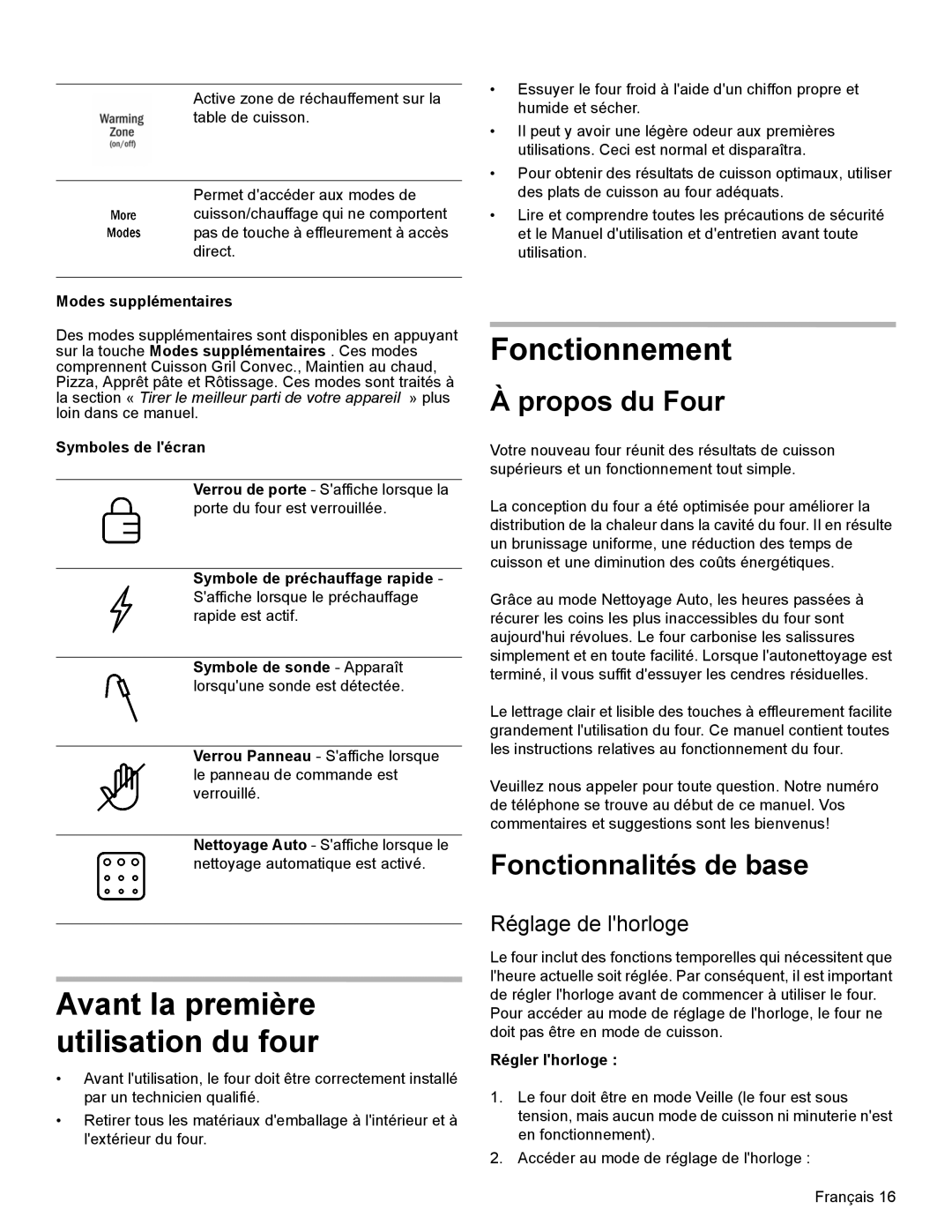 Bosch Appliances HDI8054U manual Fonctionnement, Propos du Four, Fonctionnalités de base, Réglage de lhorloge 