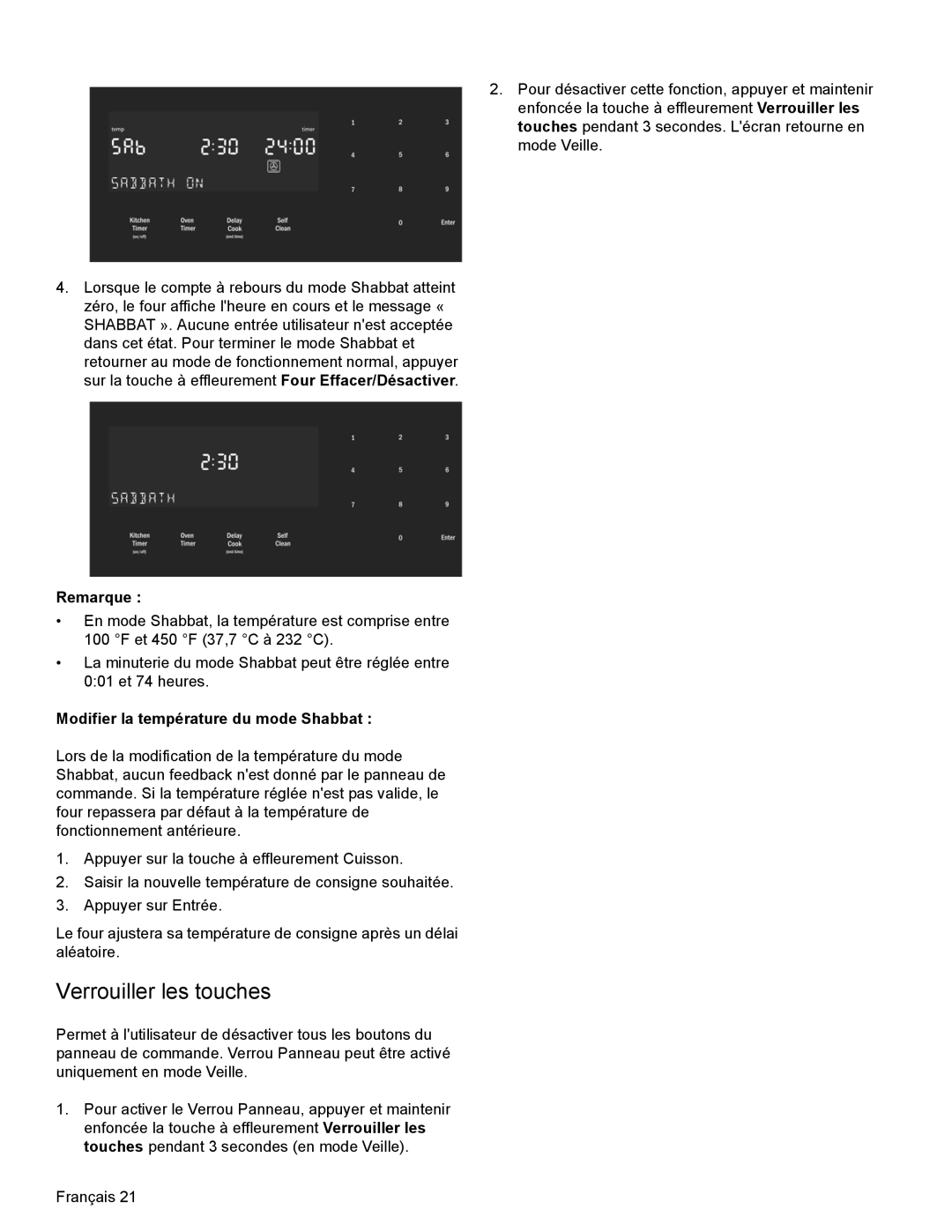 Bosch Appliances HDI8054U manual Verrouiller les touches, Modifier la température du mode Shabbat 