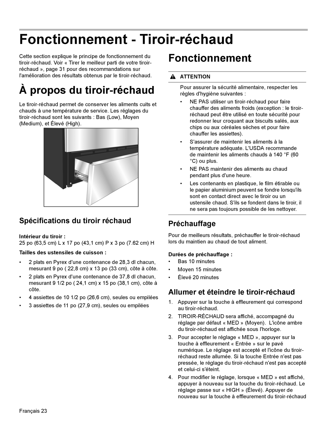 Bosch Appliances HDI8054U manual Propos du tiroir-réchaud, Spécifications du tiroir réchaud, Préchauffage 