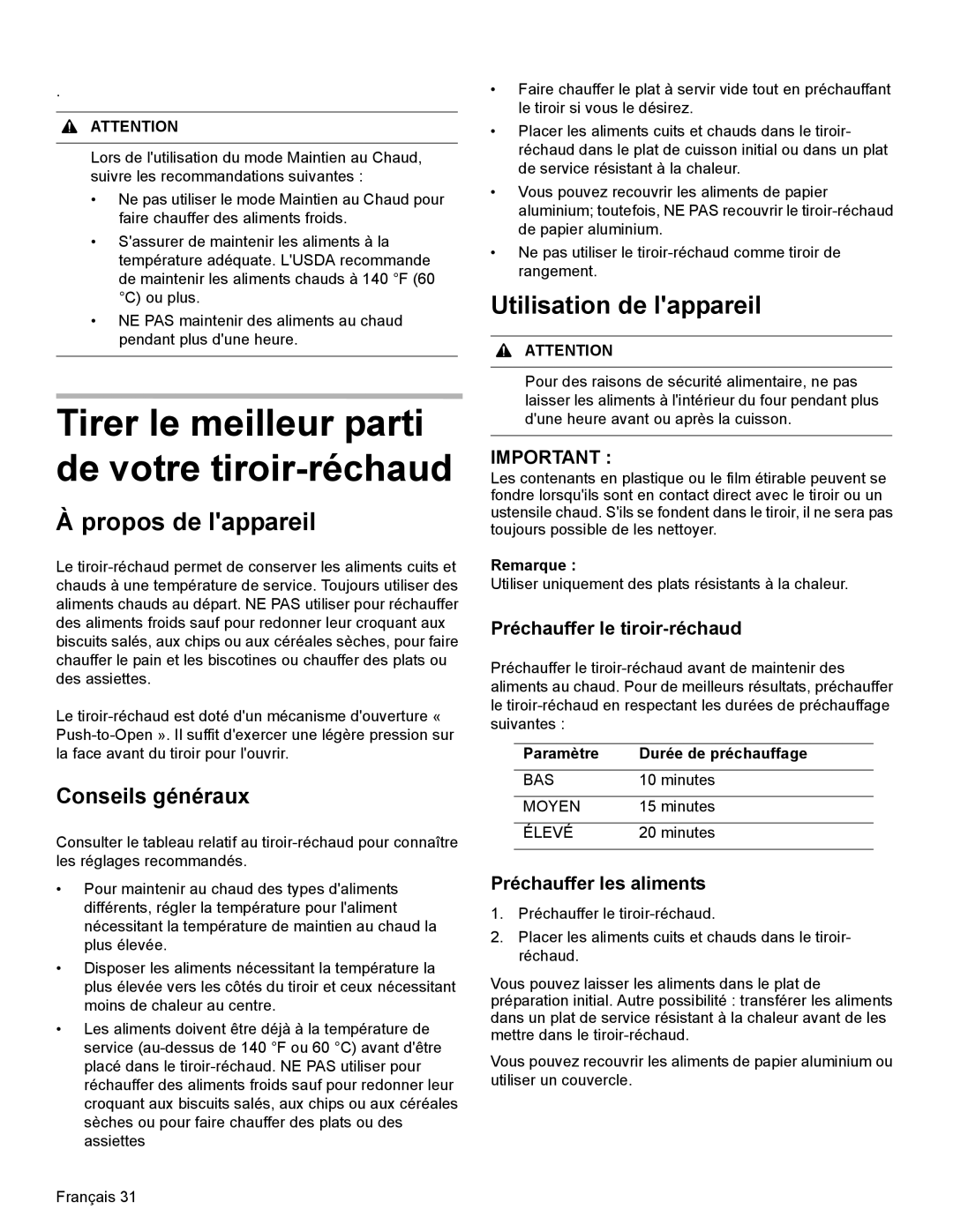 Bosch Appliances HDI8054U manual Conseils généraux, Paramètre 