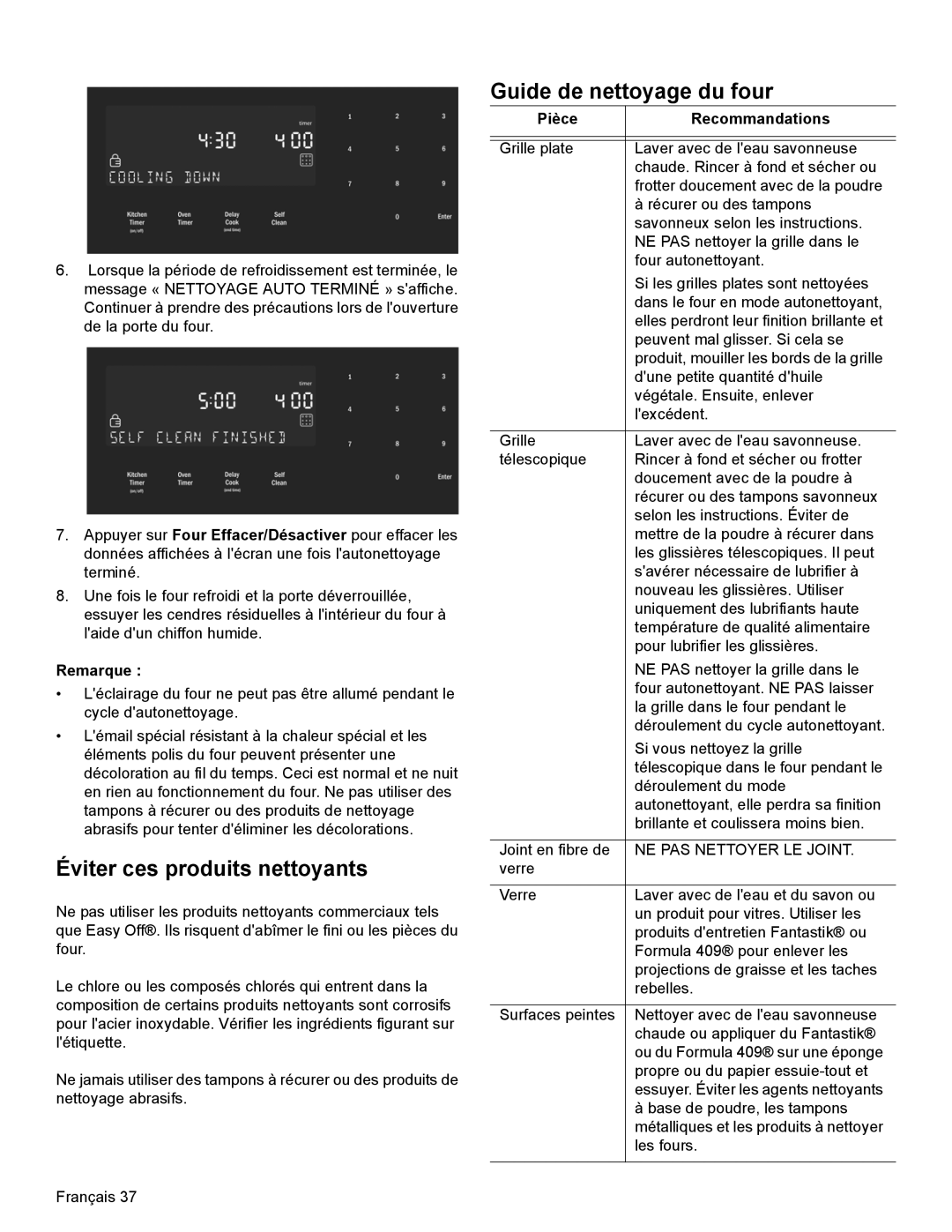 Bosch Appliances HDI8054U manual Éviter ces produits nettoyants, Guide de nettoyage du four, Pièce Recommandations 