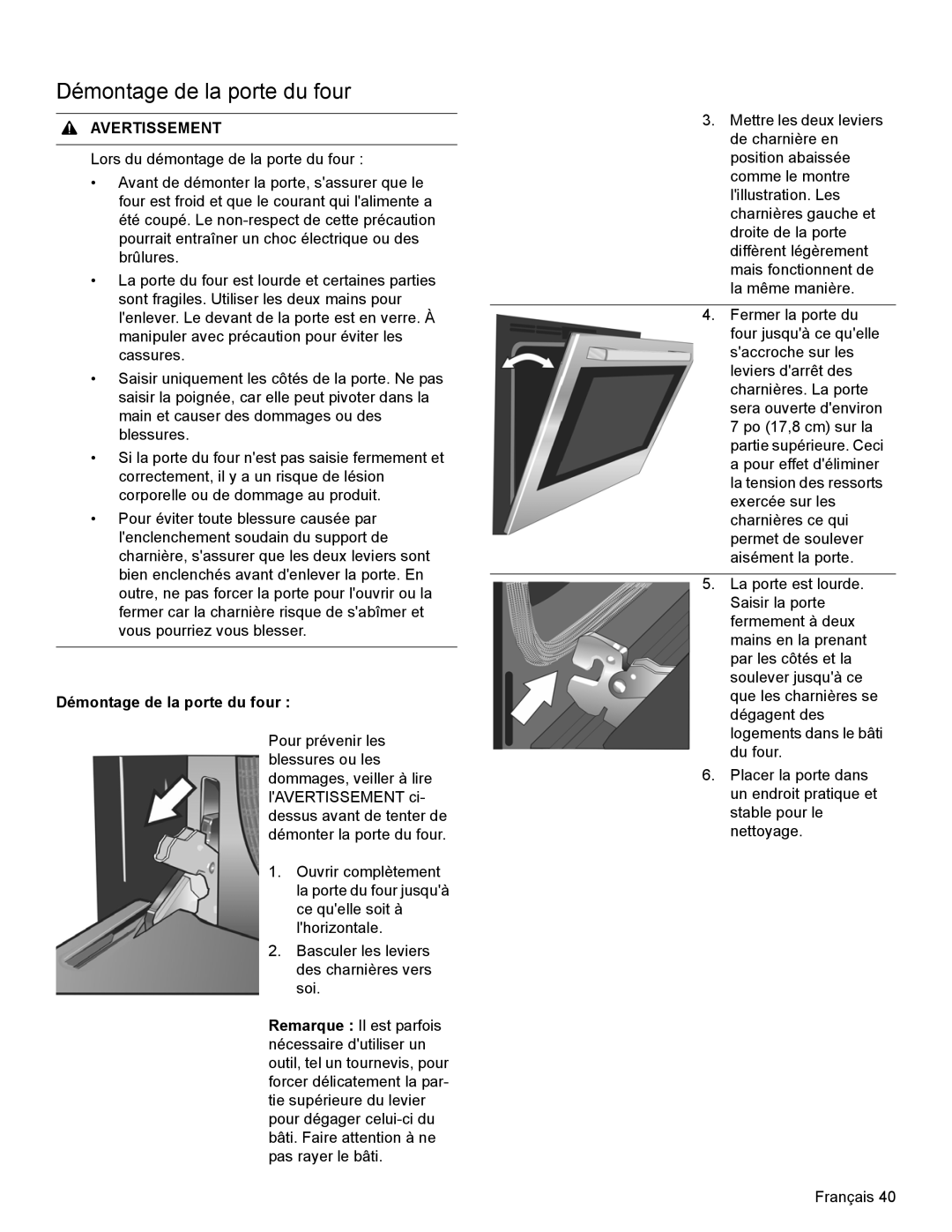 Bosch Appliances HDI8054U manual Démontage de la porte du four 