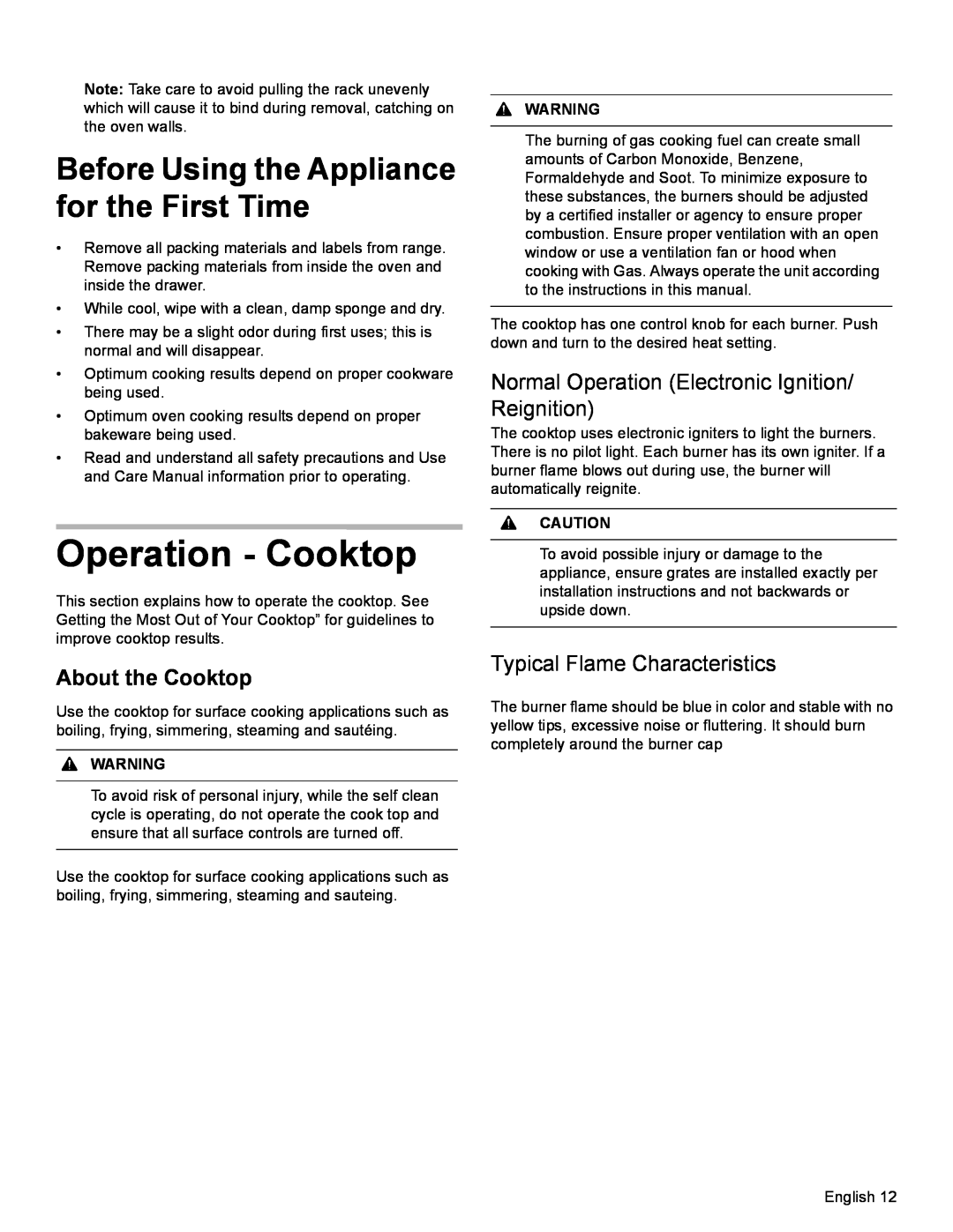 Bosch Appliances HDI8054U Operation - Cooktop, Before Using the Appliance for the First Time, About the Cooktop, Warning 