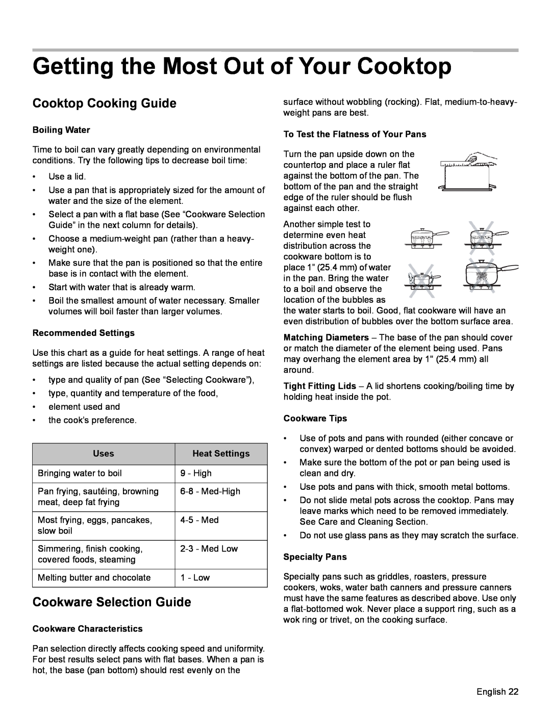 Bosch Appliances HDI8054U Getting the Most Out of Your Cooktop, Cooktop Cooking Guide, Cookware Selection Guide, Uses 