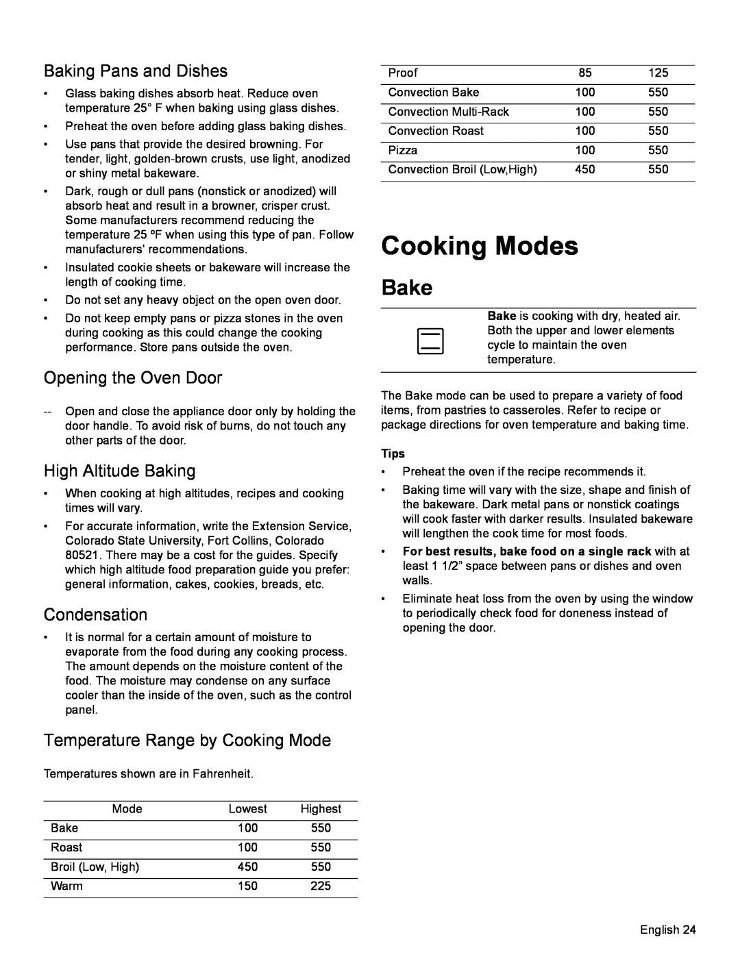 Bosch Appliances HDI8054U Cooking Modes, Bake, Baking Pans and Dishes, Opening the Oven Door, High Altitude Baking, Tips 