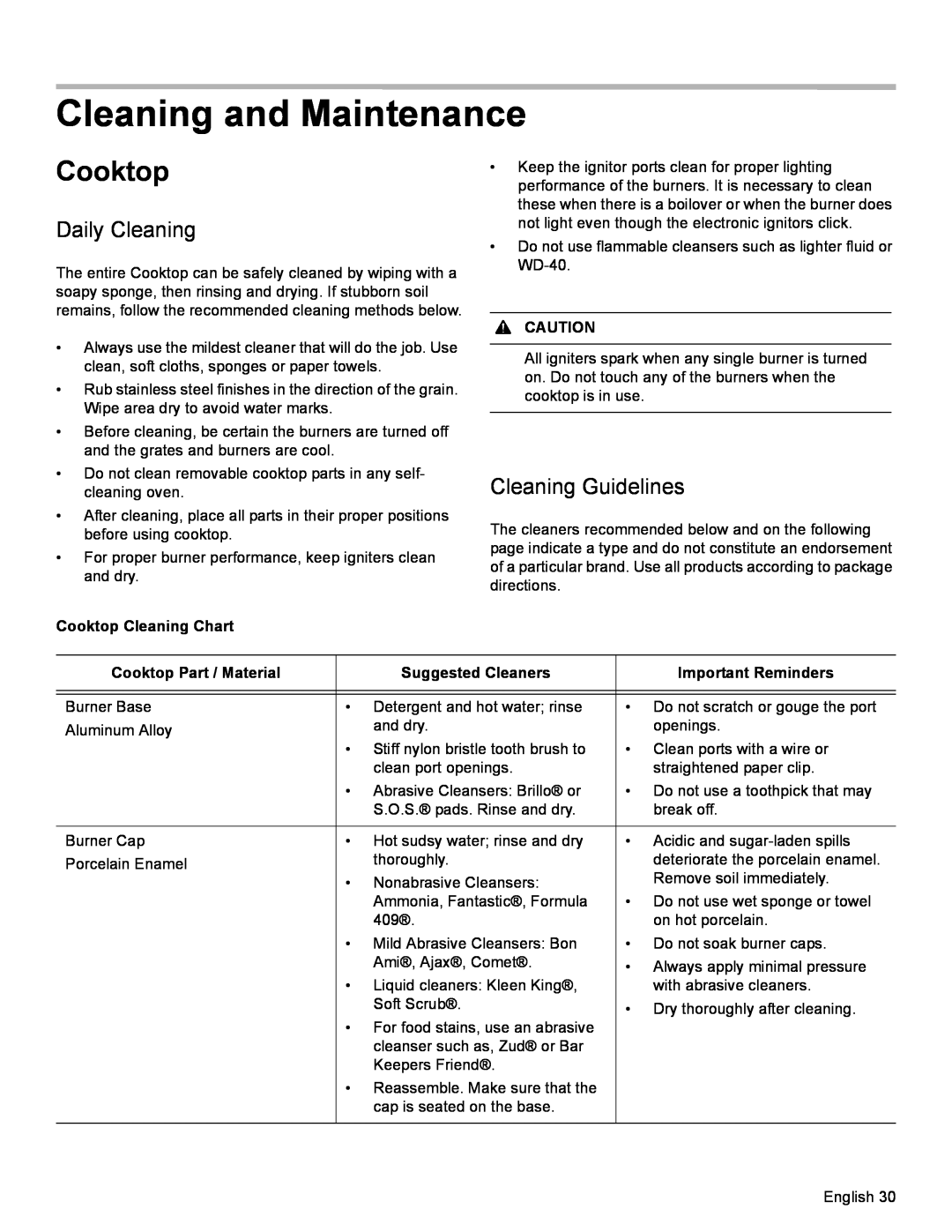 Bosch Appliances HDI8054U manual Cleaning and Maintenance, Daily Cleaning, Cleaning Guidelines, Cooktop Cleaning Chart 