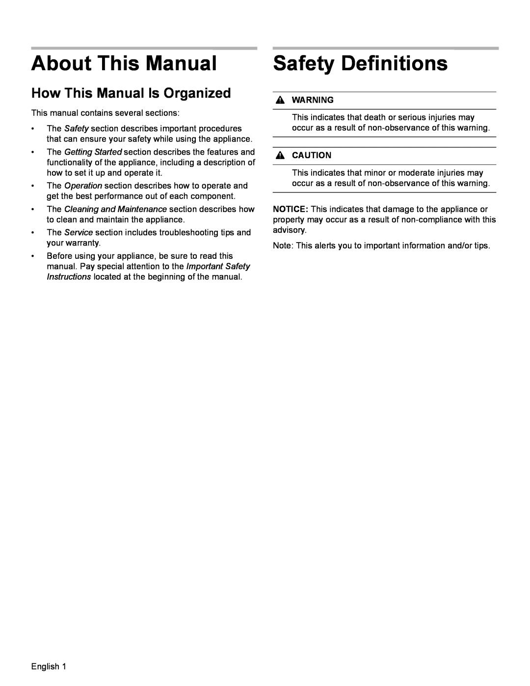 Bosch Appliances HDI8054U manual About This Manual, Safety Definitions, How This Manual Is Organized, Warning, Caution 