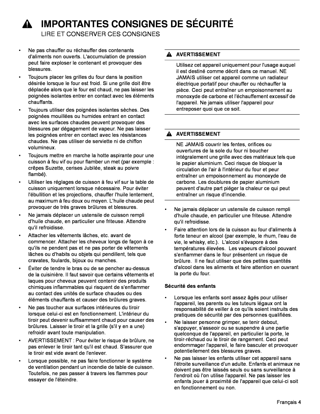 Bosch Appliances HDI8054U manual Sécurité des enfants, Importantes Consignes De Sécurité, Lire Et Conserver Ces Consignes 