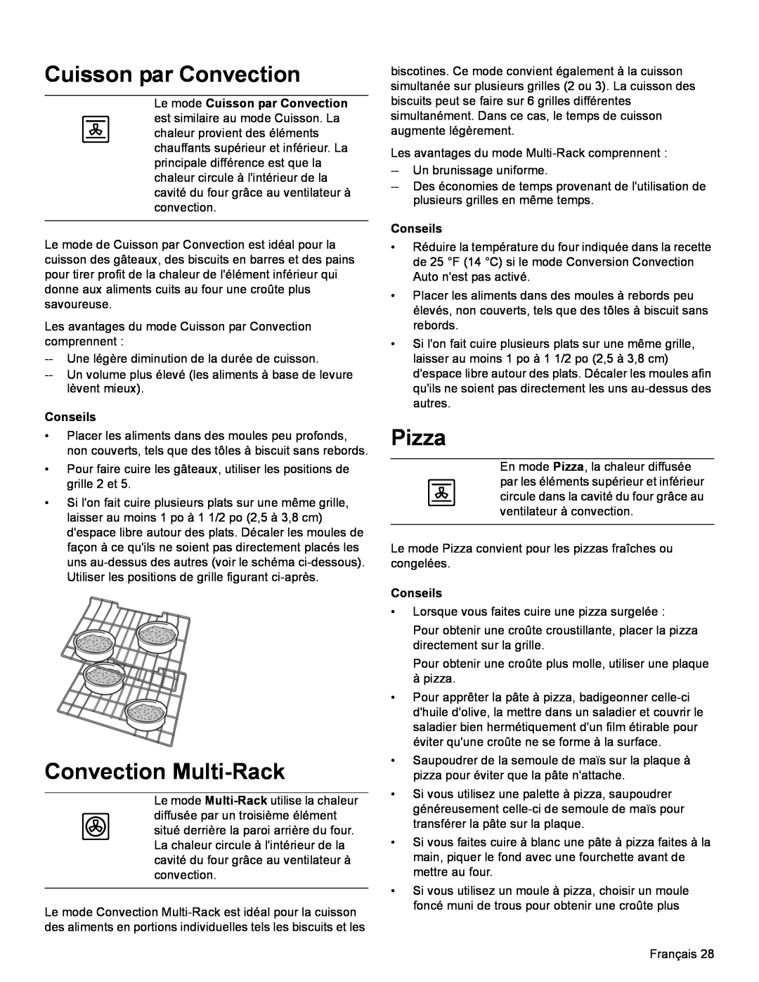 Bosch Appliances HDI8054U manual Le mode Cuisson par Convection, Convection Multi-Rack, Pizza, Conseils 
