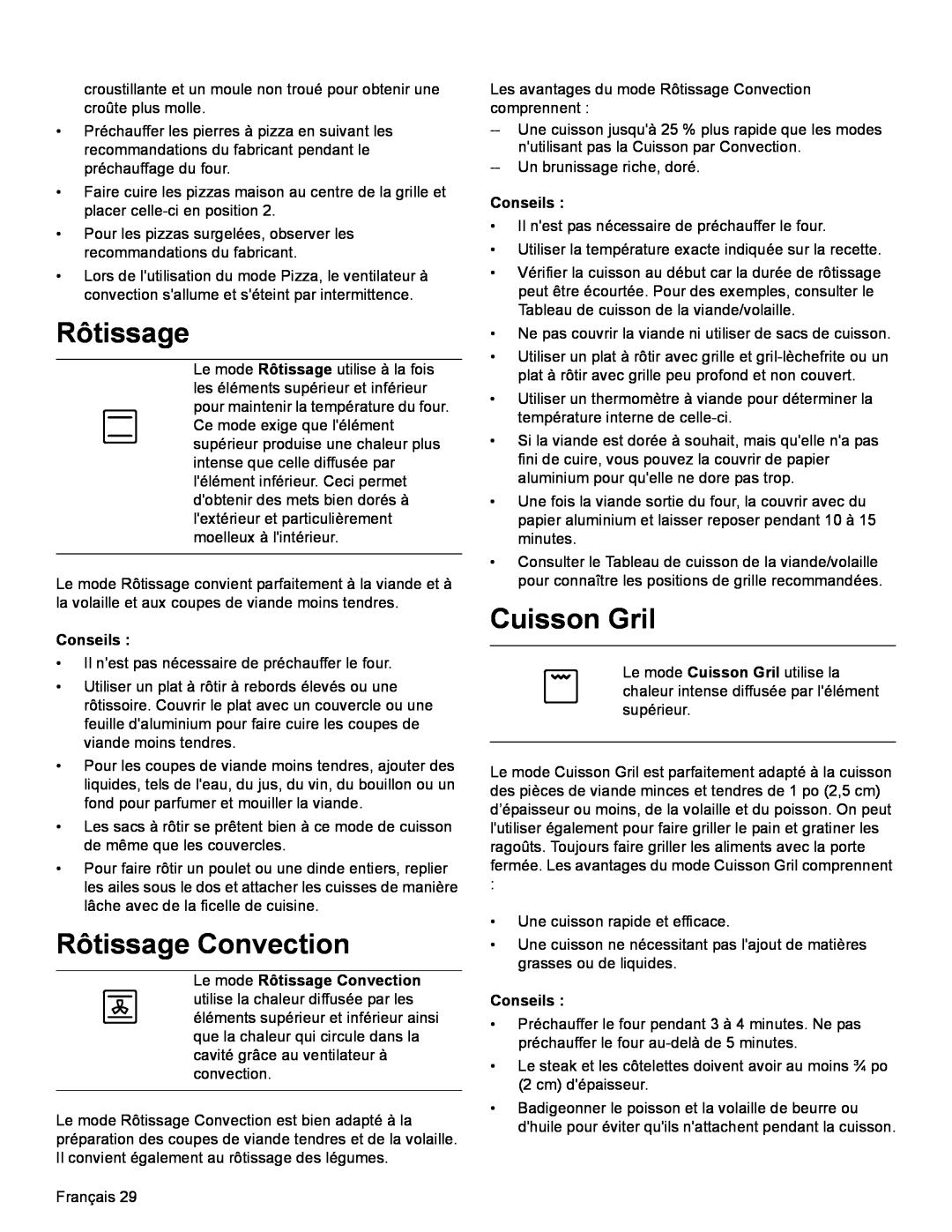 Bosch Appliances HDI8054U manual Cuisson Gril, Le mode Rôtissage Convection, Conseils 