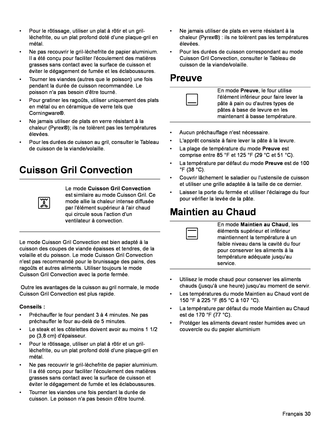 Bosch Appliances HDI8054U manual Cuisson Gril Convection, Preuve, En mode Maintien au Chaud, les, Conseils 