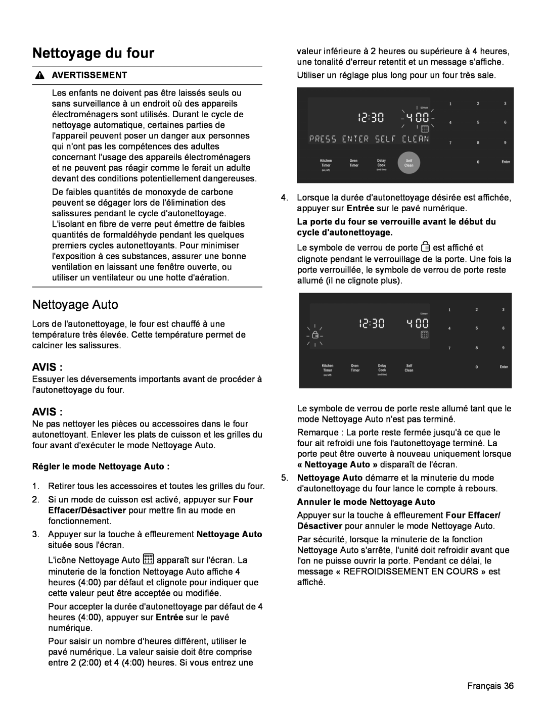 Bosch Appliances HDI8054U manual Nettoyage du four, Avis, Régler le mode Nettoyage Auto, Annuler le mode Nettoyage Auto 