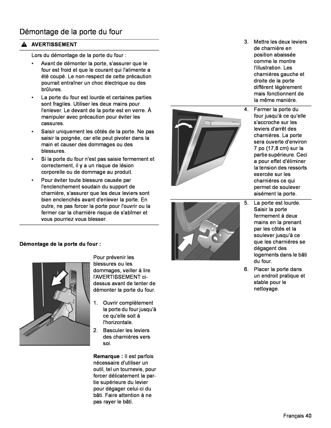 Bosch Appliances HDI8054U manual Démontage de la porte du four, Avertissement 
