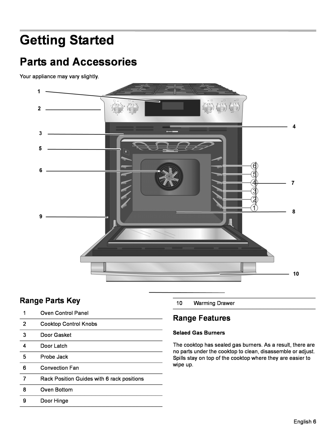 Bosch Appliances HDI8054U Getting Started, Parts and Accessories, Range Parts Key, Range Features, Selaed Gas Burners 