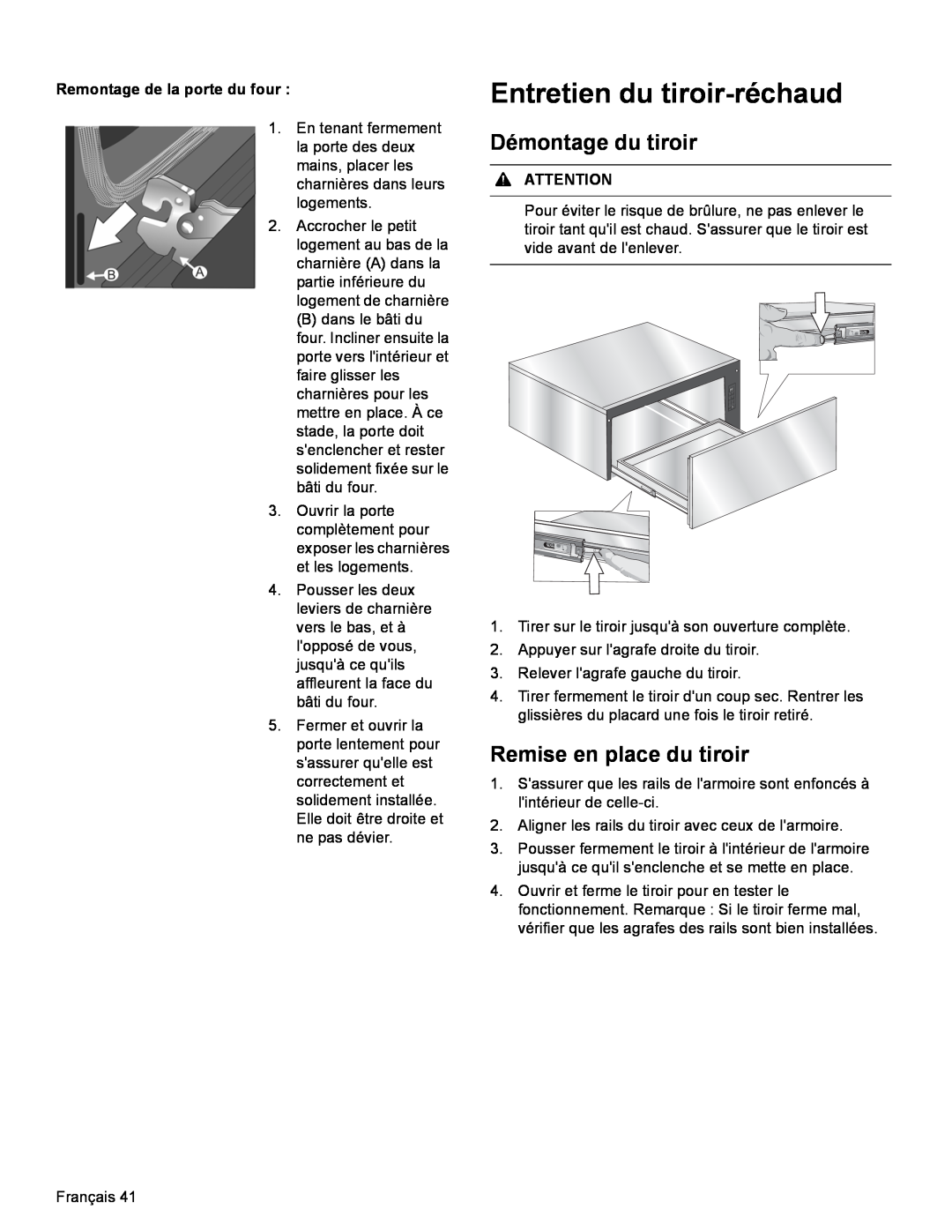 Bosch Appliances HDI8054U manual Entretien du tiroir-réchaud, Démontage du tiroir, Remise en place du tiroir, Attention 