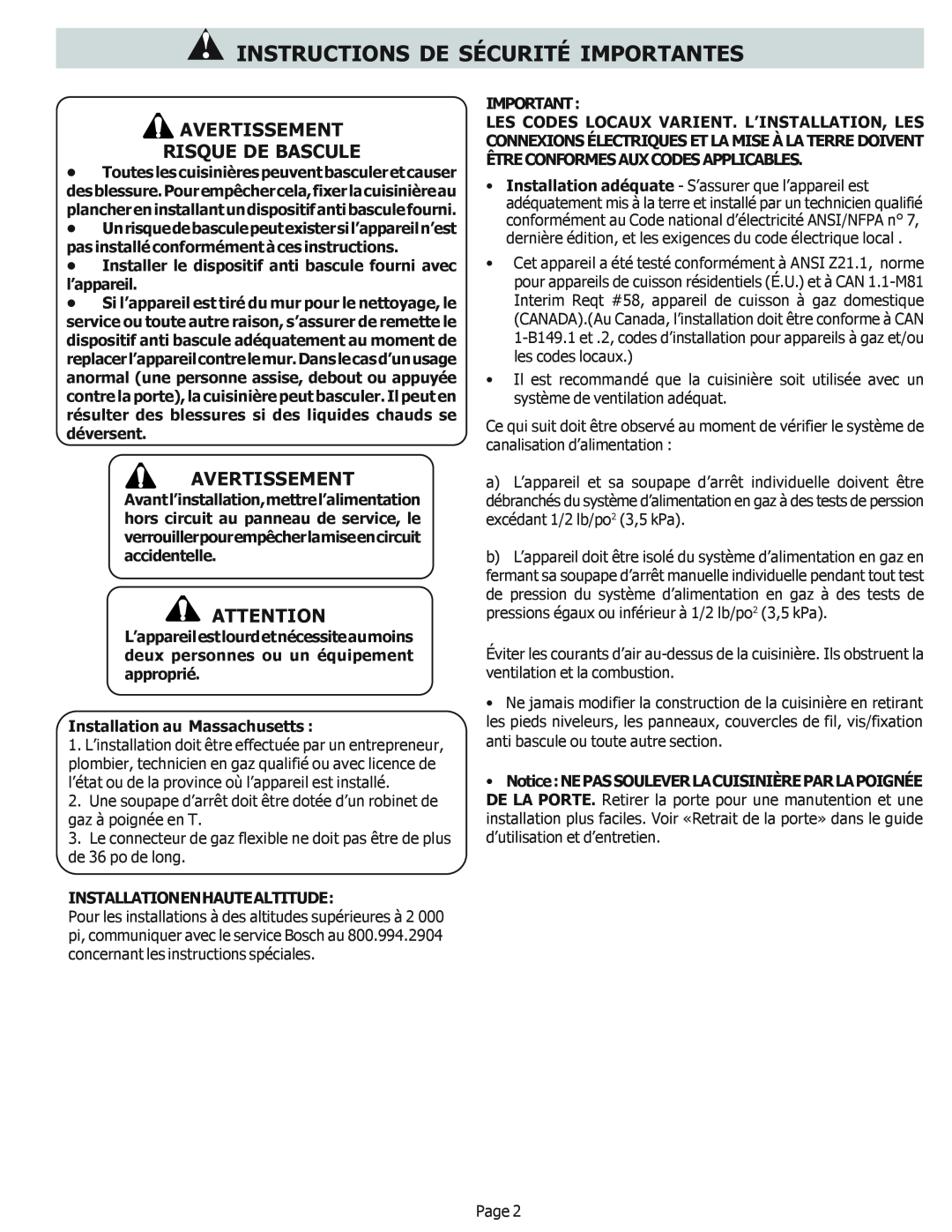 Bosch Appliances HDS252U, HDS255U, HDS256U Avertissement Risque De Bascule, Instructions De Sécurité Importantes 