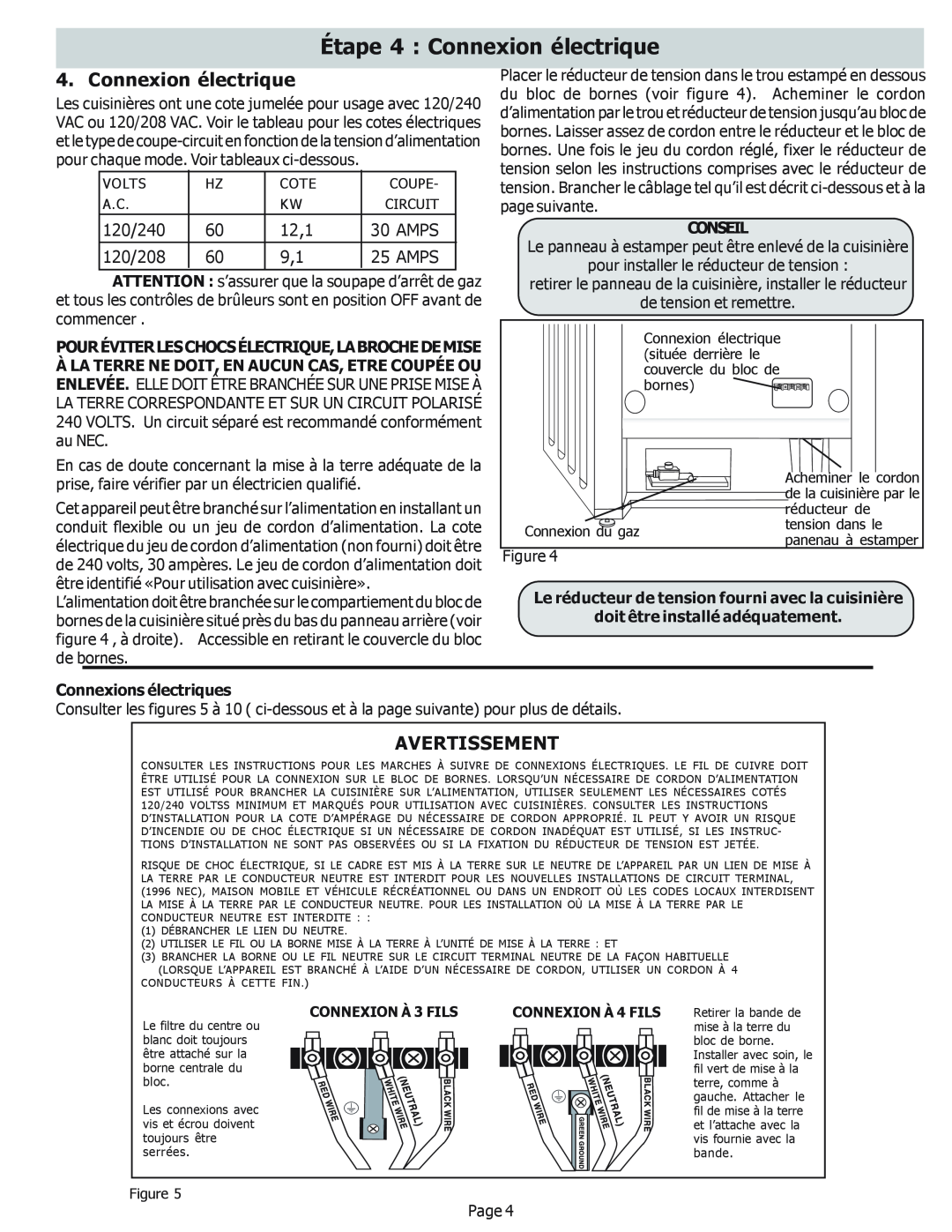 Bosch Appliances HDS256U Étape 4 Connexion électrique, Avertissement, 12,1, Conseil, doit être installé adéquatement, Amps 