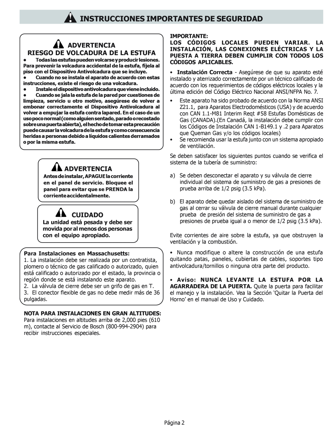 Bosch Appliances HDS256U Advertencia Riesgo De Volcadura De La Estufa, Instrucciones Importantes De Seguridad, Cuidado 