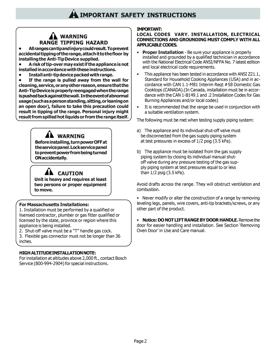 Bosch Appliances HDS255U, HDS256U, HDS252U installation instructions Range Tipping Hazard, Important Safety Instructions 