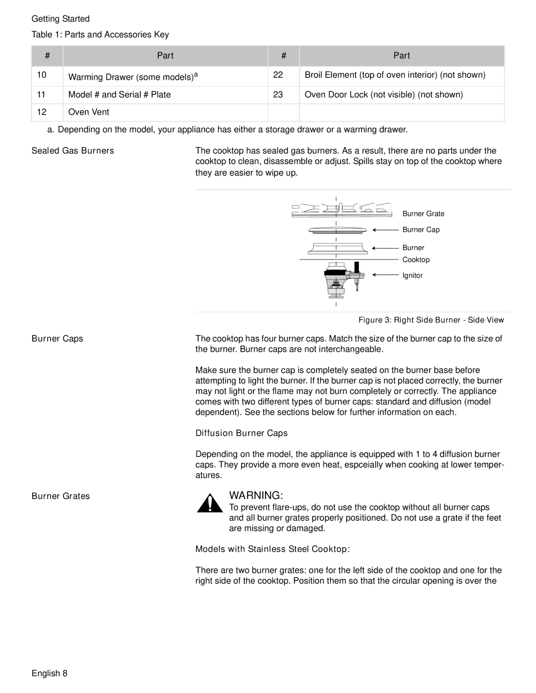 Bosch Appliances HDS7052U manual Sealed Gas Burners, Diffusion Burner Caps, Burner Grates 