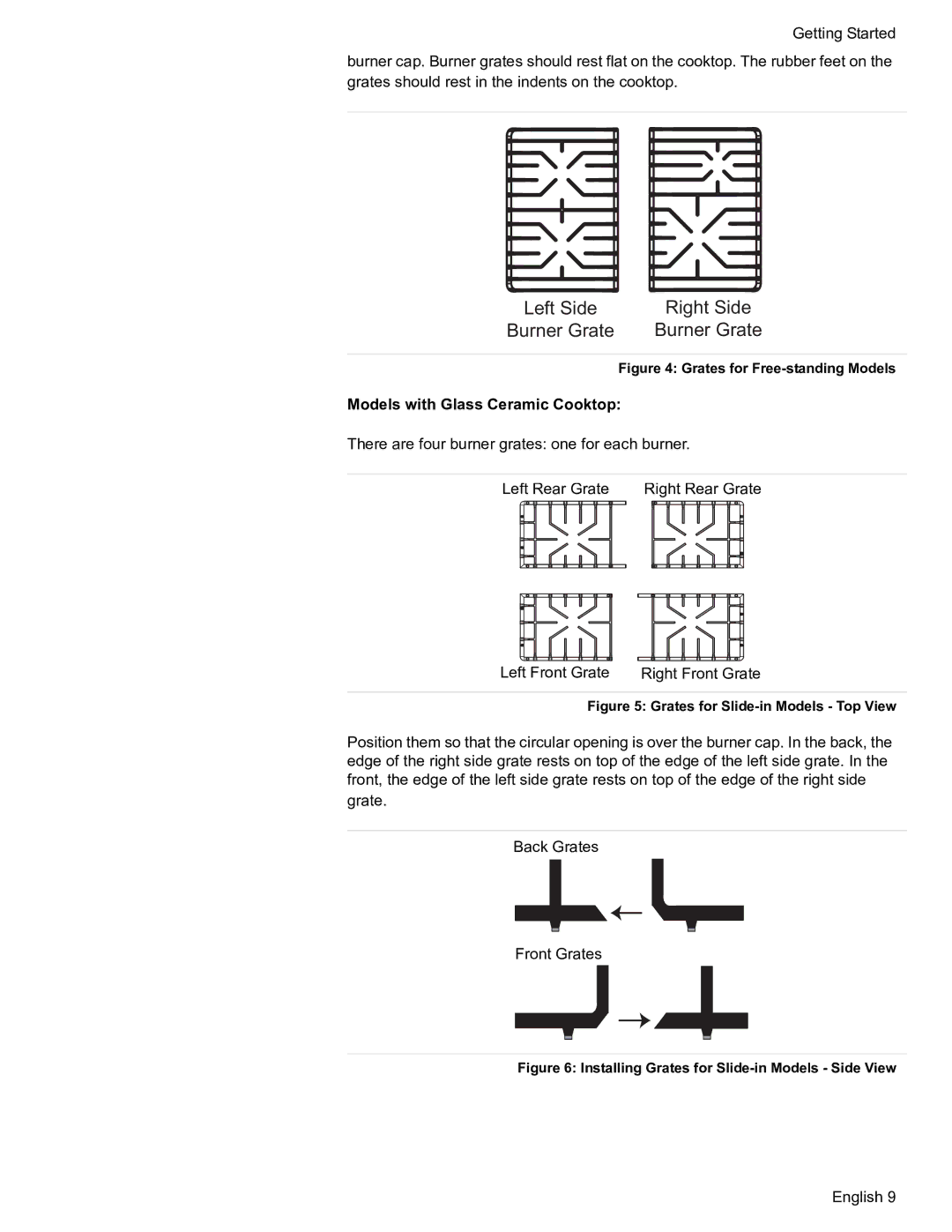 Bosch Appliances HDS7052U manual Left Side Burner Grate Right Side, Models with Glass Ceramic Cooktop 