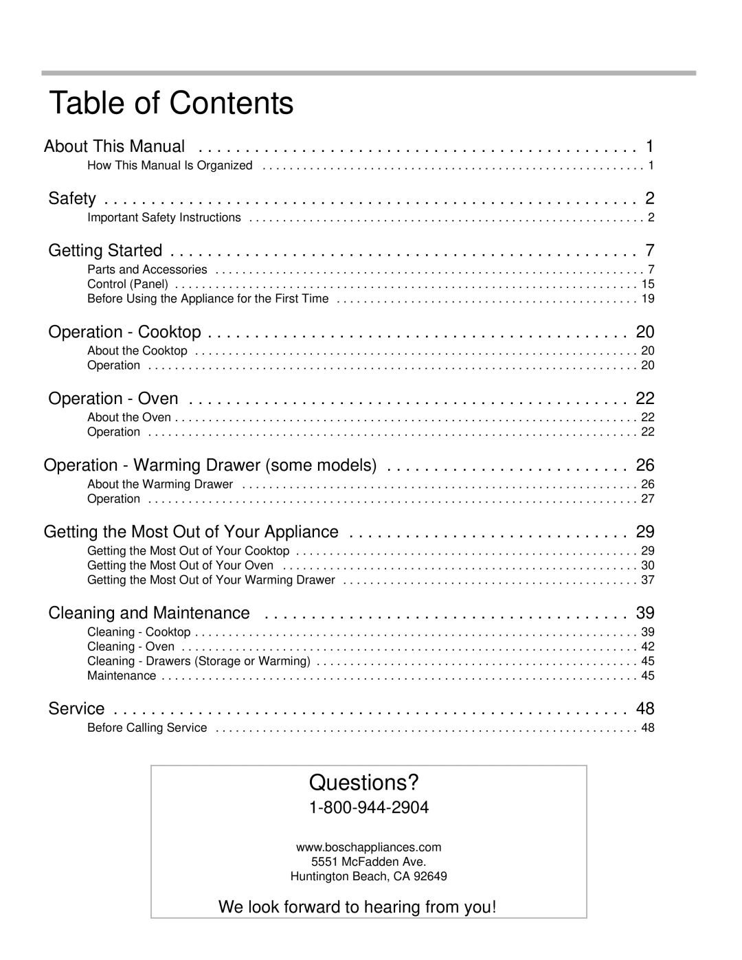 Bosch Appliances HDS7052U manual Table of Contents 