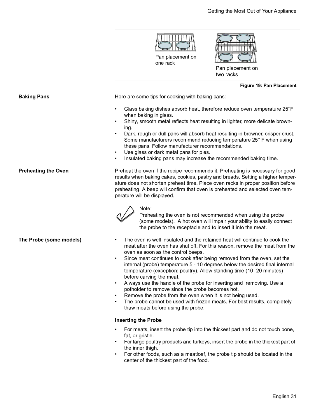 Bosch Appliances HDS7052U manual Baking Pans, Preheating the Oven, Probe some models, Inserting the Probe 