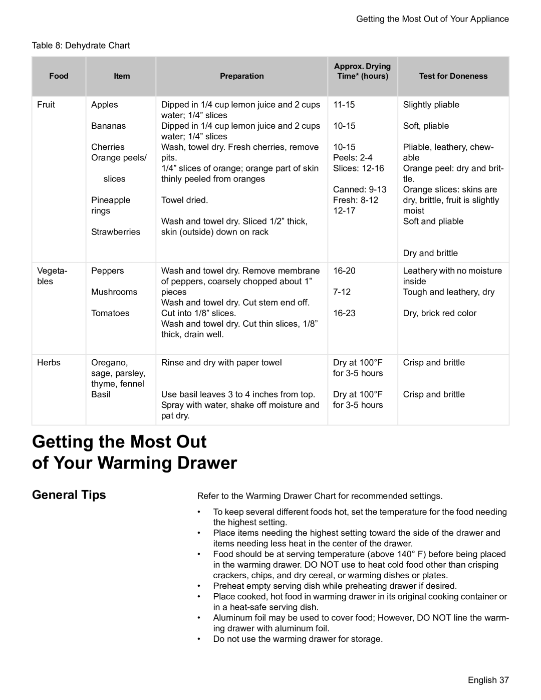 Bosch Appliances HDS7052U manual Getting the Most Out Your Warming Drawer, General Tips 