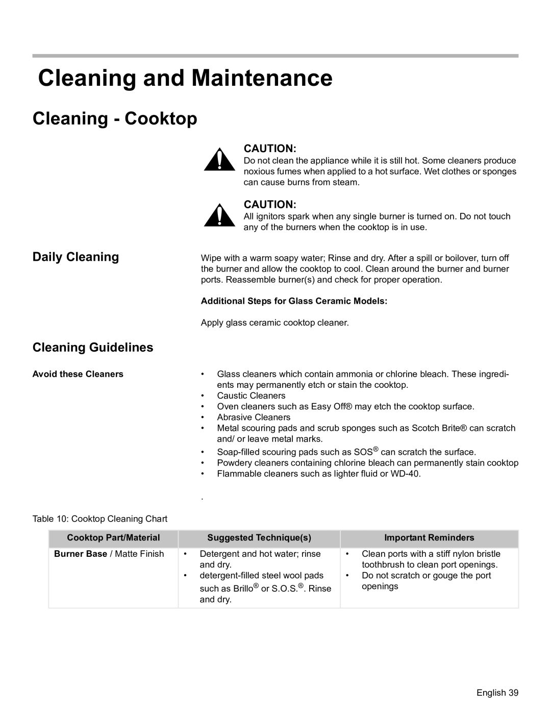 Bosch Appliances HDS7052U manual Cleaning and Maintenance, Cleaning Cooktop, Daily Cleaning Cleaning Guidelines 