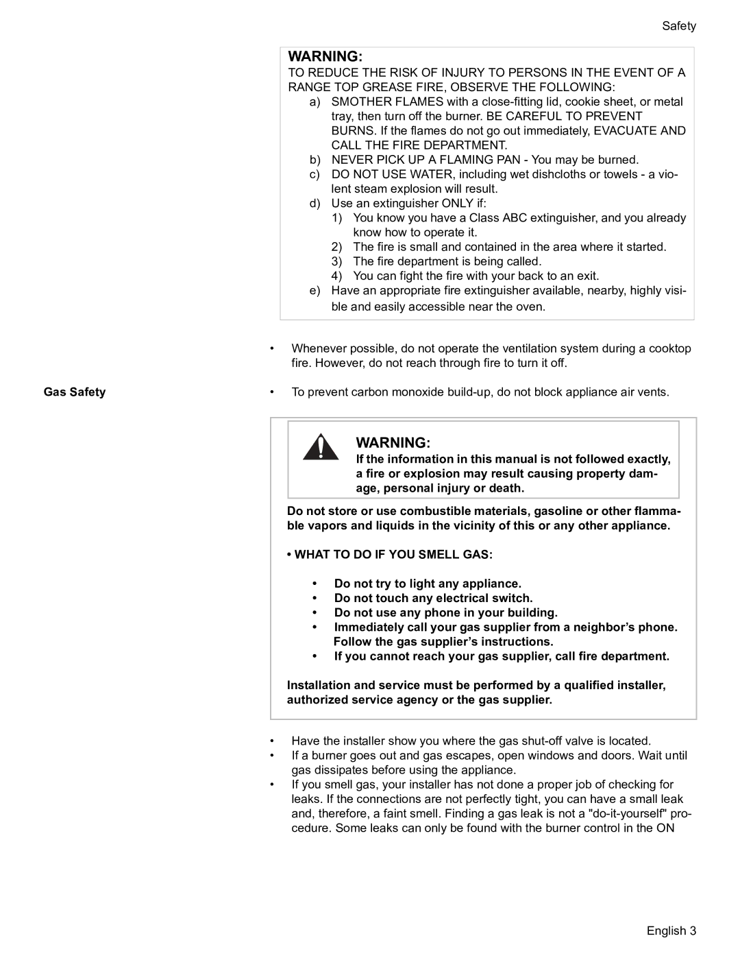 Bosch Appliances HDS7052U manual Range TOP Grease FIRE, Observe the Following, Gas Safety 