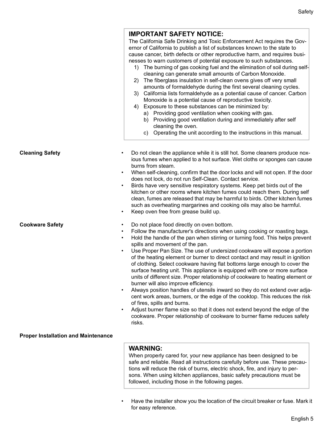 Bosch Appliances HDS7052U manual Cleaning Safety, Cookware Safety, Proper Installation and Maintenance 