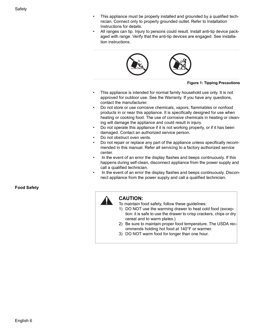 Bosch Appliances HDS7052U manual Food Safety, Tipping Precautions 