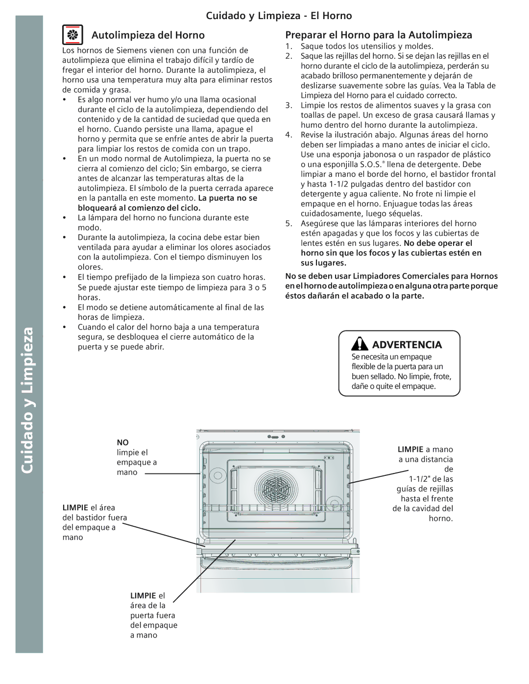 Bosch Appliances HE2416U manual Cuidado y Limpieza El Horno, Autolimpieza del Horno, Preparar el Horno para la Autolimpieza 