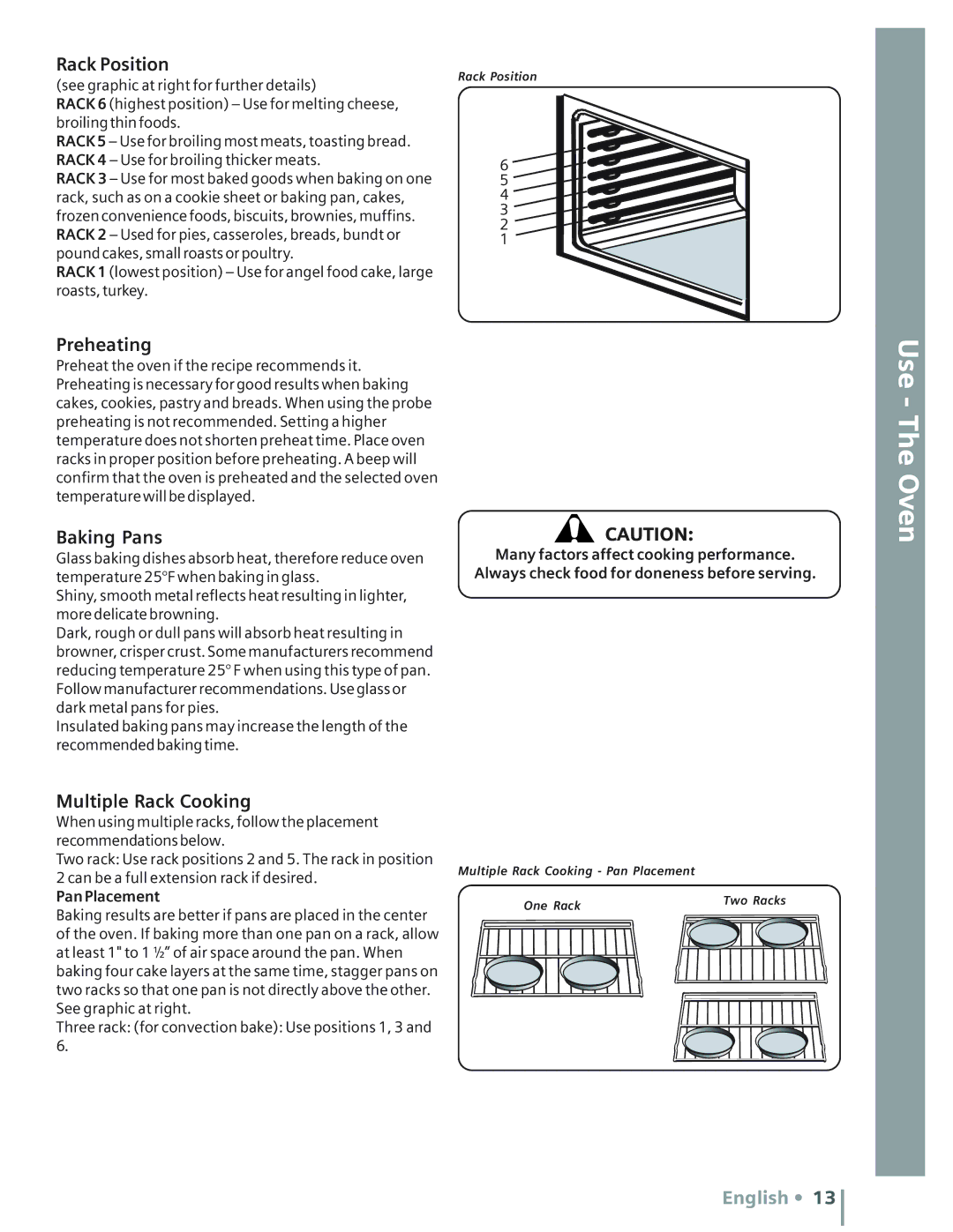 Bosch Appliances HE2415U, HE2516U, HE2515U Rack Position, Preheating, Baking Pans, Multiple Rack Cooking, Pan Placement 