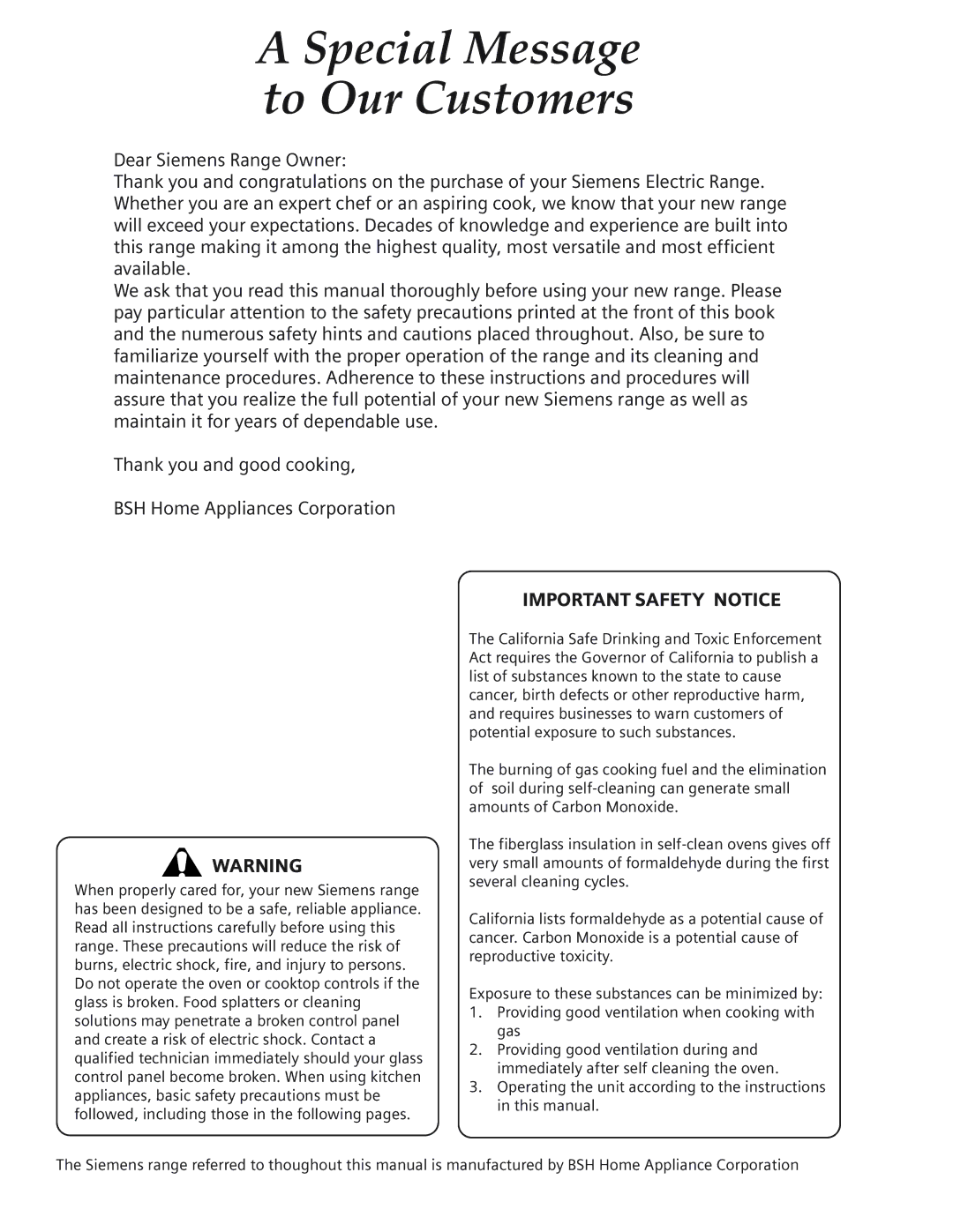 Bosch Appliances HE2515C, HE2516U, HE2515U, HE2415U, HE2416U manual Special Message to Our Customers, Important Safety Notice 