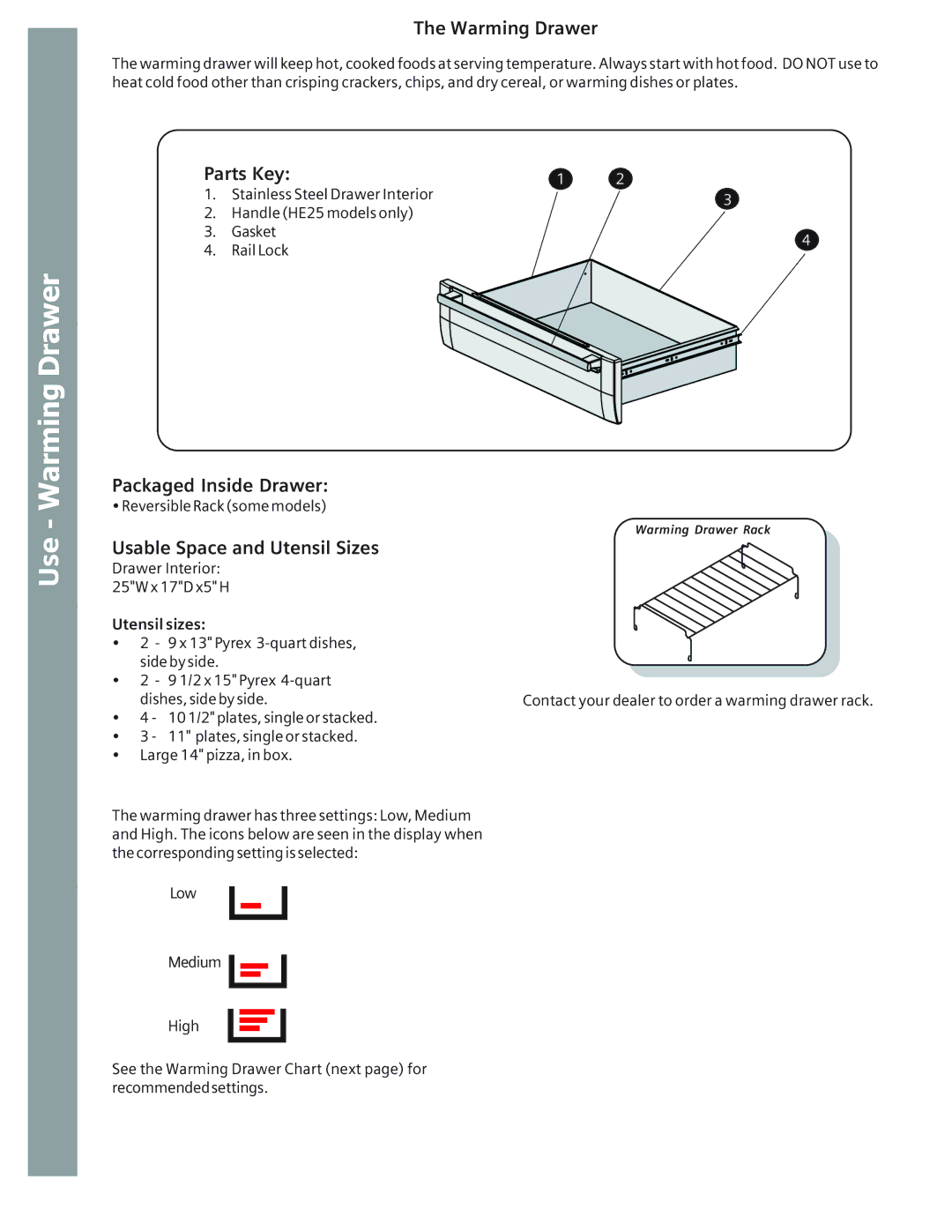 Bosch Appliances HE2416C Warming Drawer, Parts Key, Packaged Inside Drawer, Usable Space and Utensil Sizes, Utensil sizes 