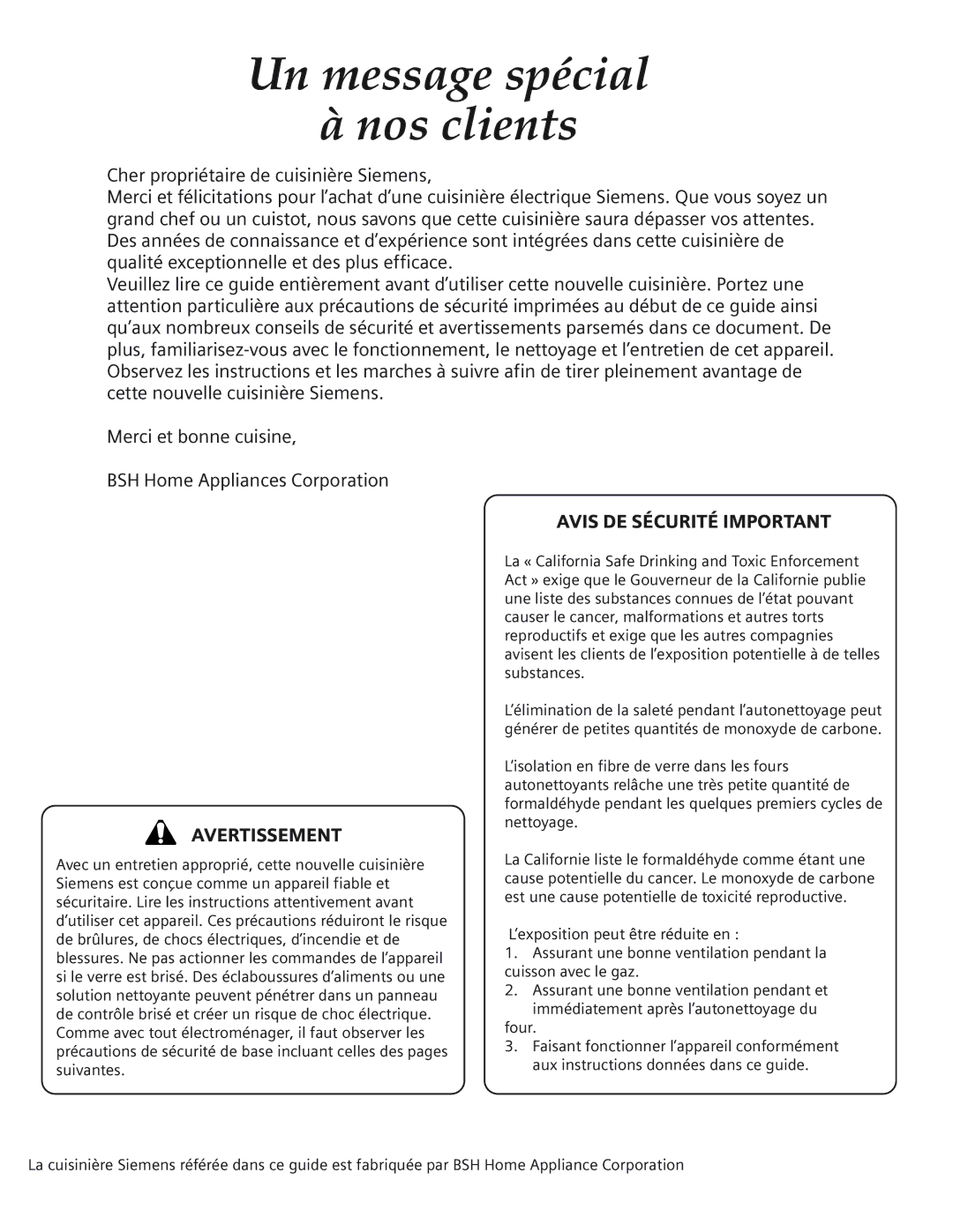 Bosch Appliances HE2415U, HE2516U, HE2515U, HE2515C Un message spécial Nos clients, Avis DE Sécurité Important Avertissement 