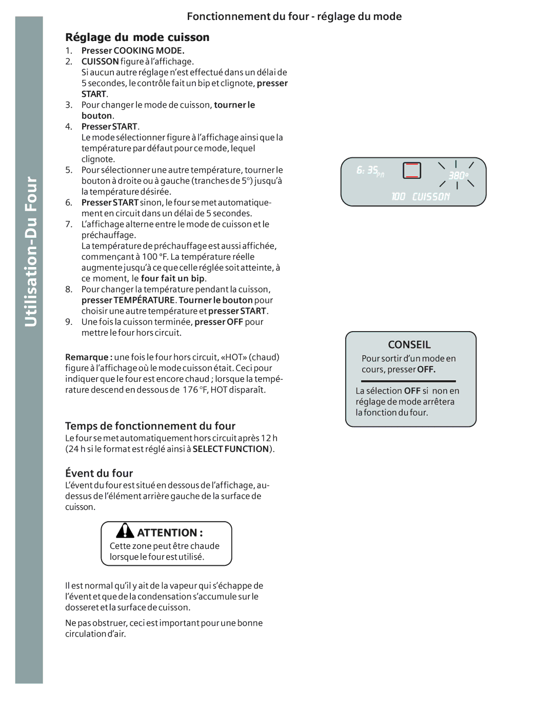 Bosch Appliances HE2515C manual Aide Entretien et nettoyage, Fonctionnement du four réglage du mode, Conseil, Évent du four 