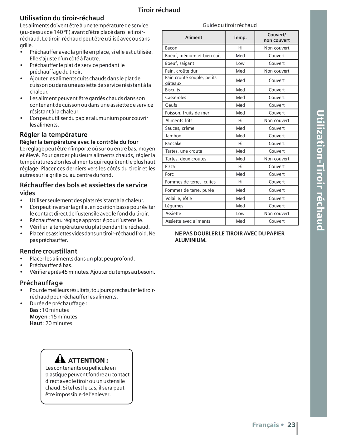 Bosch Appliances HE2516U, HE2515U Tiroir réchaud Utilisation du tiroir-réchaud, Régler la température, Rendre croustillant 