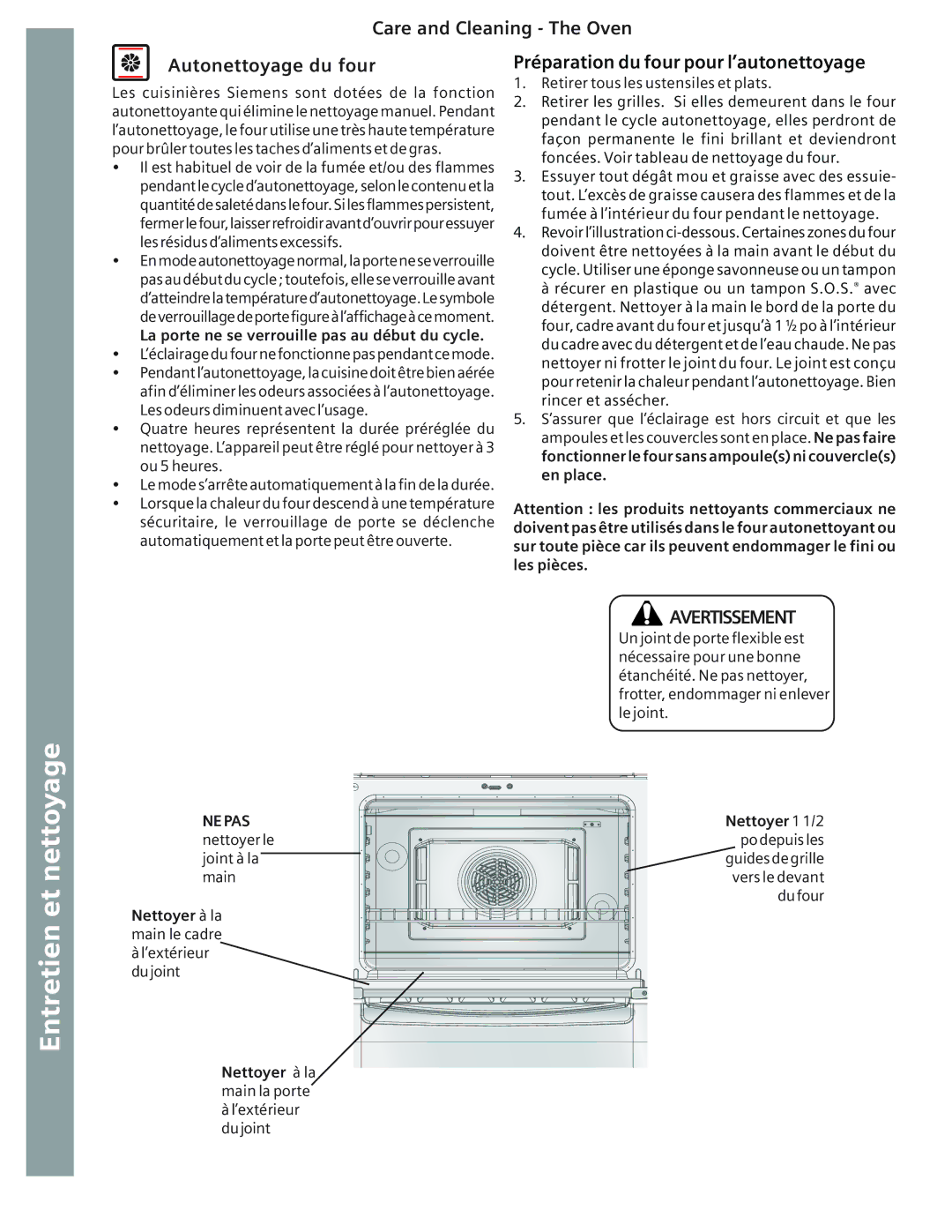 Bosch Appliances HE2415U manual Care and Cleaning The Oven Autonettoyage du four, Préparation du four pour l’autonettoyage 